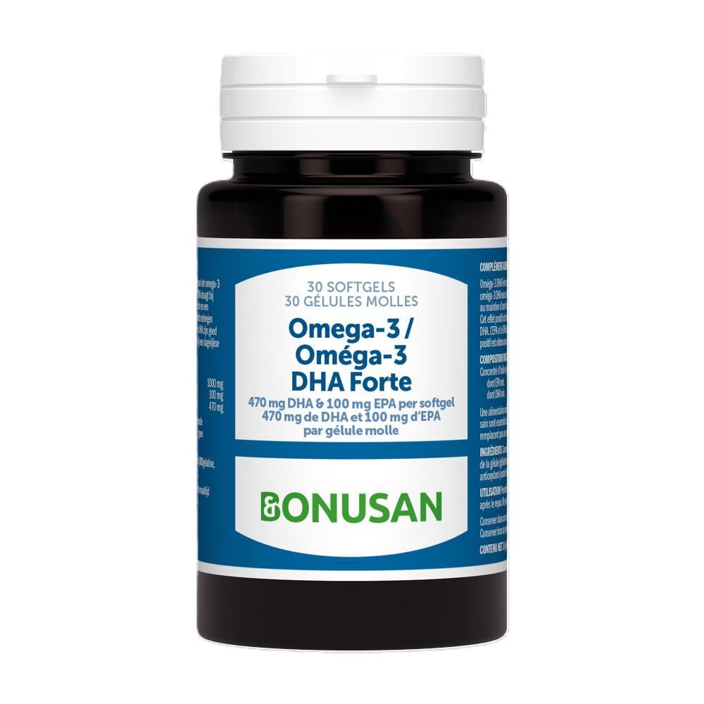 Dunkle Flasche mit weißem Deckel. Aufschrift: Omega-3/DHA Forte. Marke: BONUSAN. 30 Softgels.