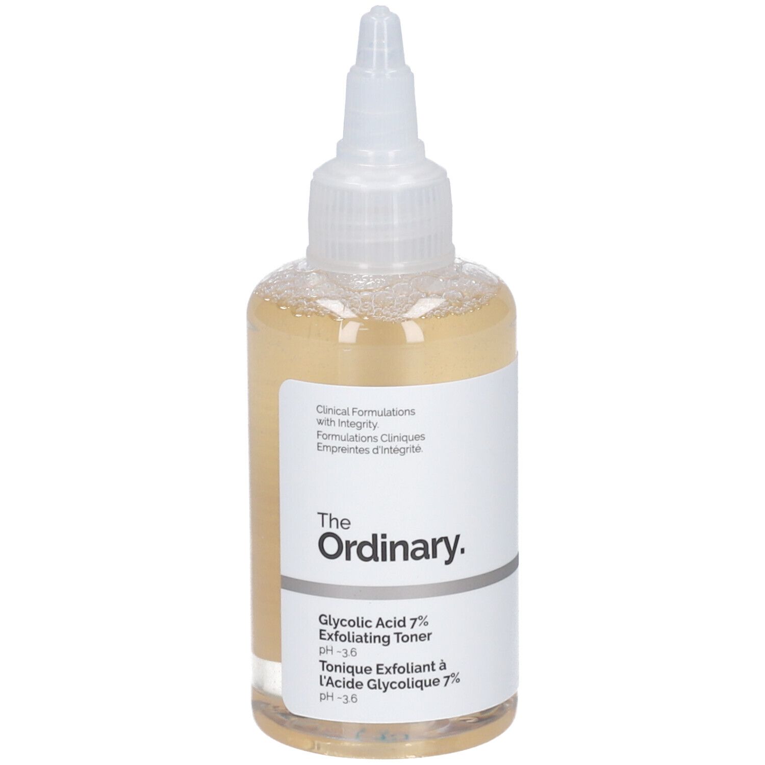 Klare Flasche mit gelblicher Flüssigkeit. Aufschrift: The Ordinary. Glykolsäure 7% Exfoliating Toner.