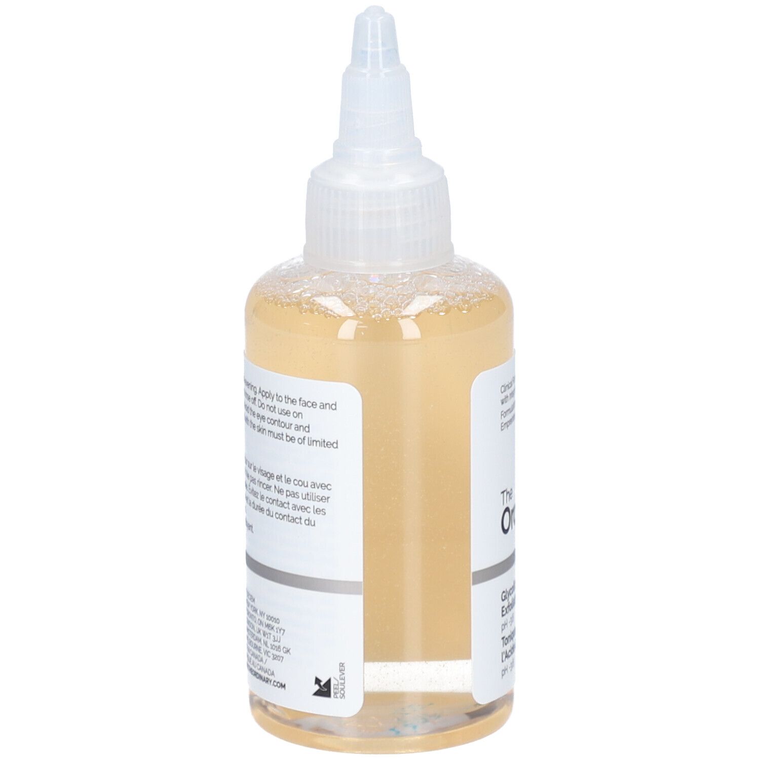 Rückseite der Flasche mit gelblicher Flüssigkeit. Aufschrift: The Ordinary. Glykolsäure 7% Exfoliating Toner.