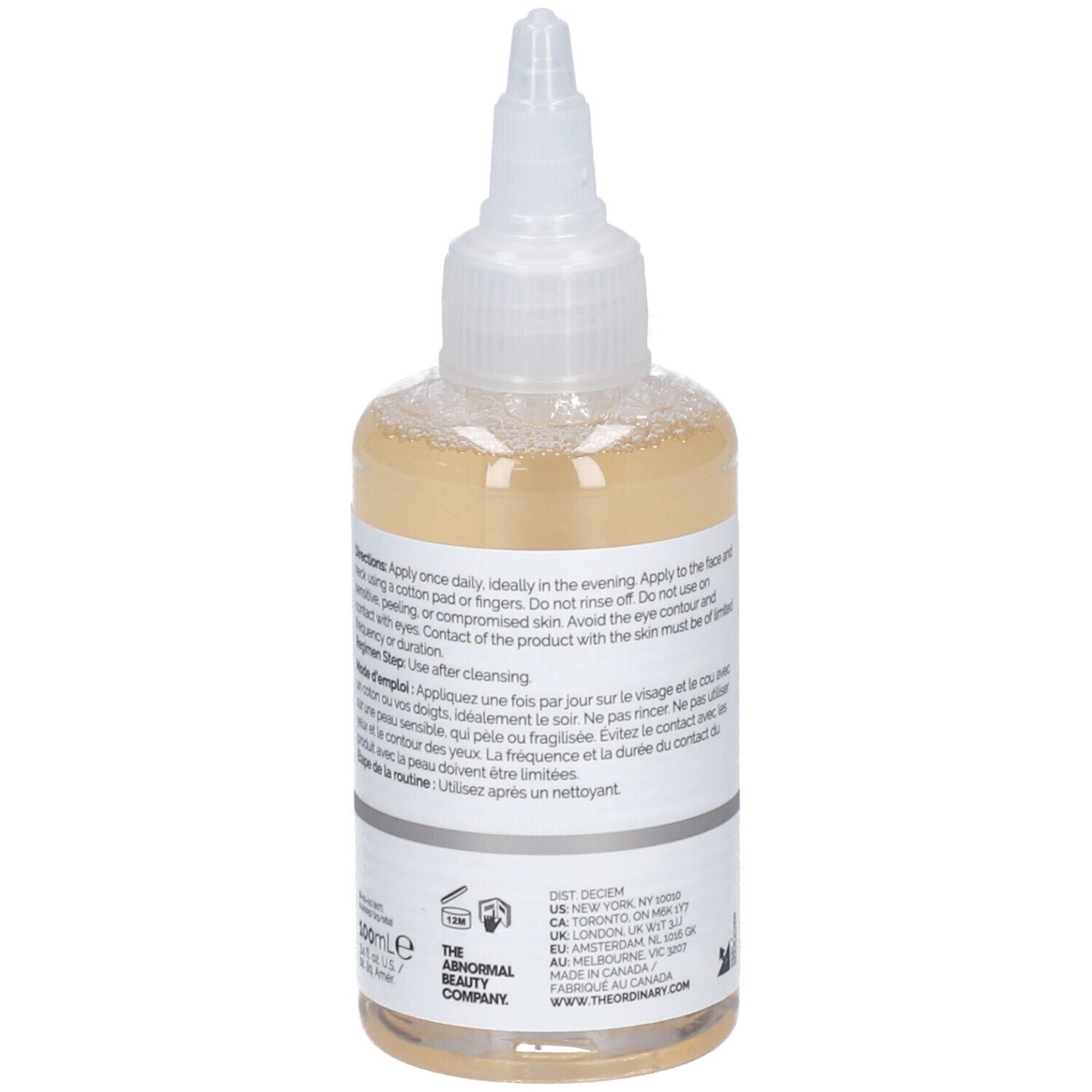 Rückseite der Flasche mit gelblicher Flüssigkeit. Aufschrift: The Ordinary. Glykolsäure 7% Exfoliating Toner.