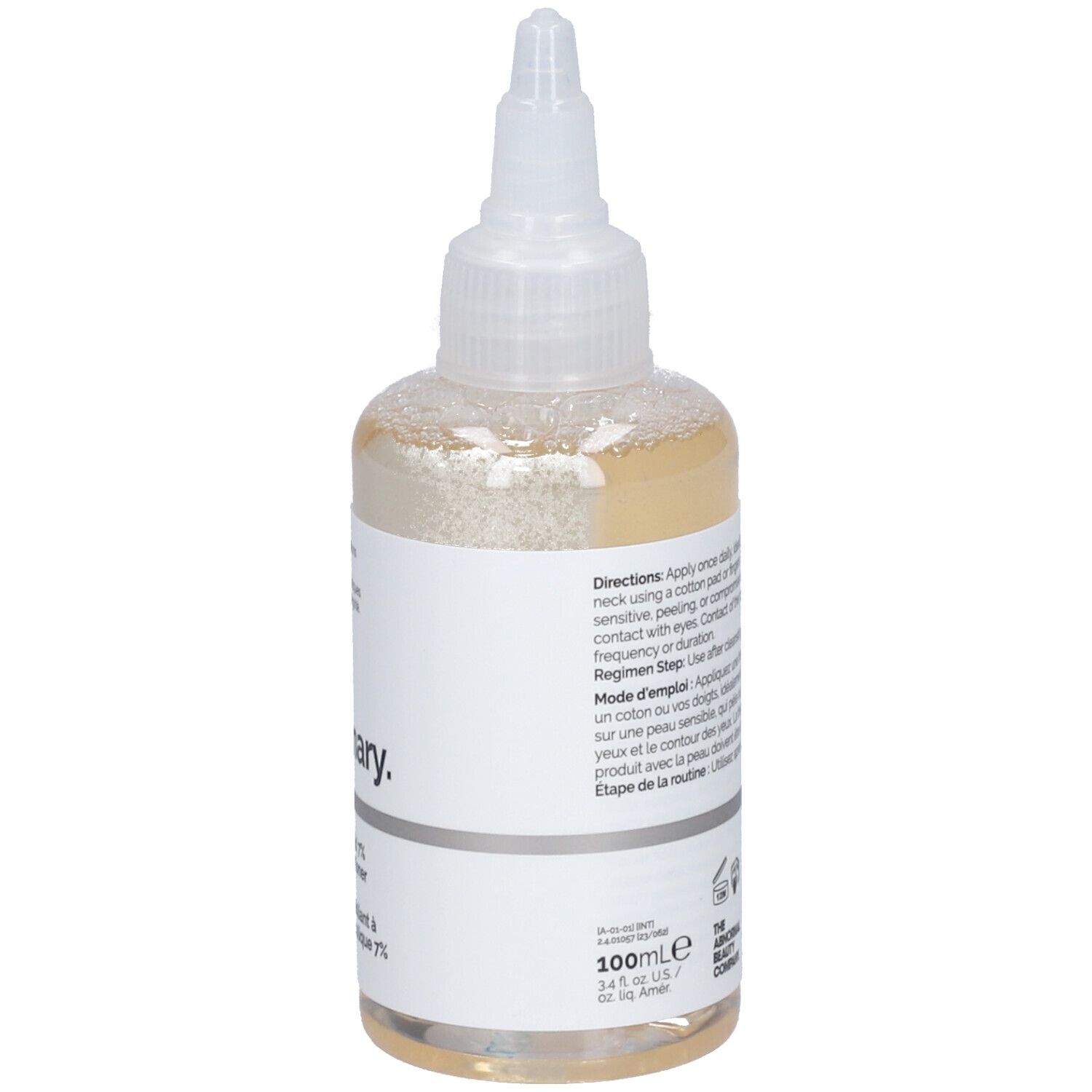 Flasche mit gelblicher Flüssigkeit. Aufschrift: The Ordinary. Glykolsäure 7% Exfoliating Toner. 100ml.