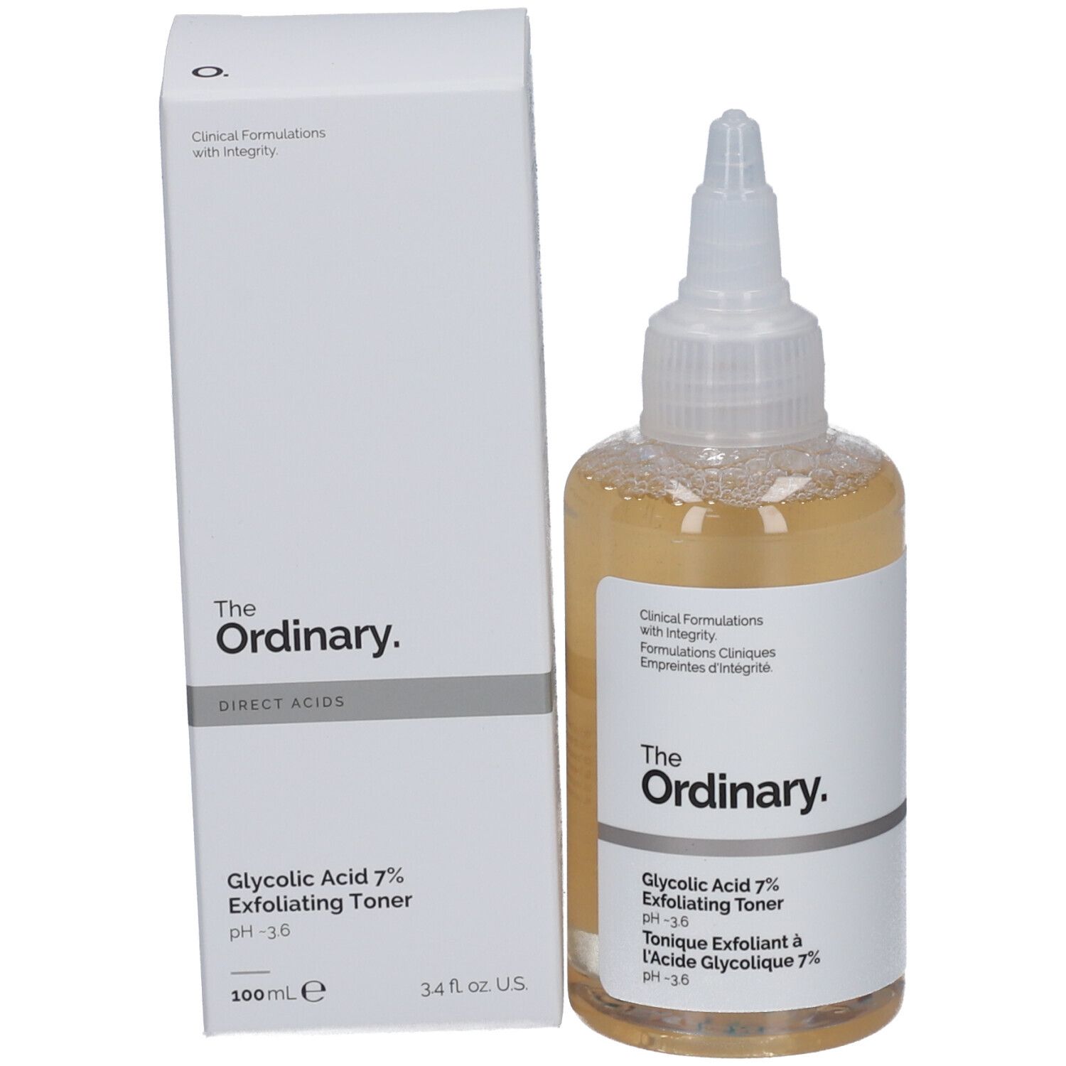 Produkt und Verpackung. Aufschrift: The Ordinary. Glykolsäure 7% Exfoliating Toner. 100ml.