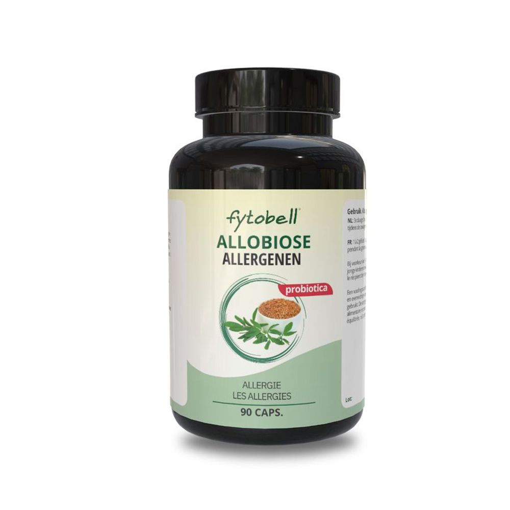Zwarte fles met 'fytobell allobiose allergenen'. Bevat 90 capsules. Logo en tekst in het Nederlands.