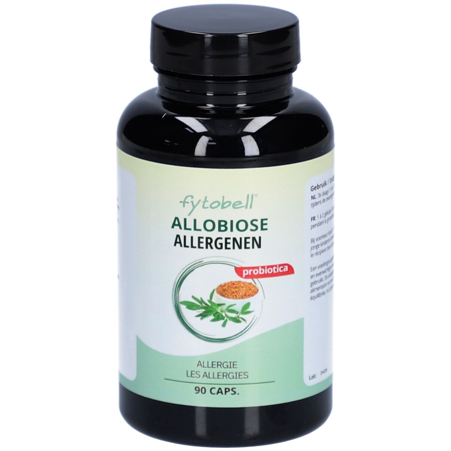 Zwarte fles met 'fytobell allobiose allergenen'. Bevat 90 capsules. Logo en tekst in het Nederlands.