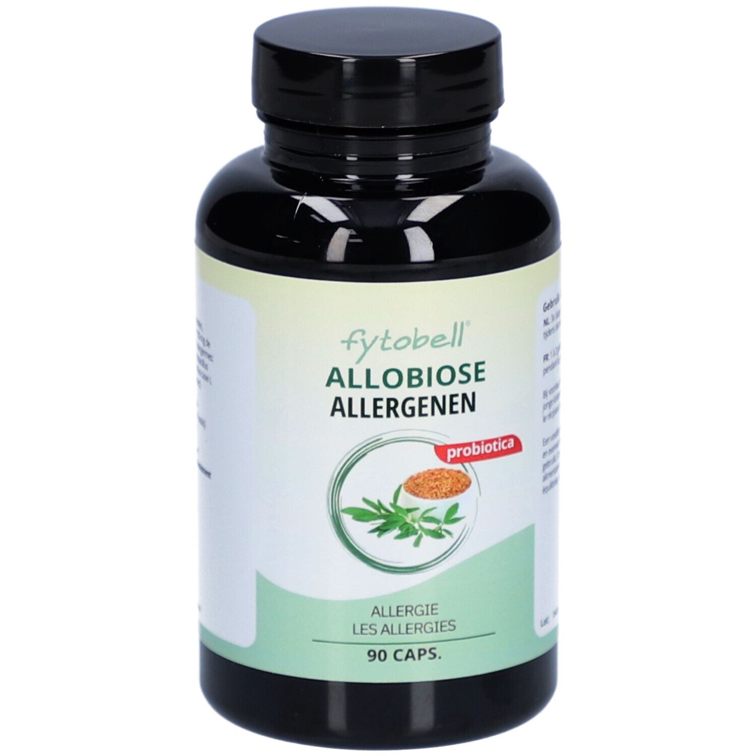 Zwarte fles met 'fytobell allobiose allergenen'. Bevat 90 capsules. Logo en tekst in het Nederlands.