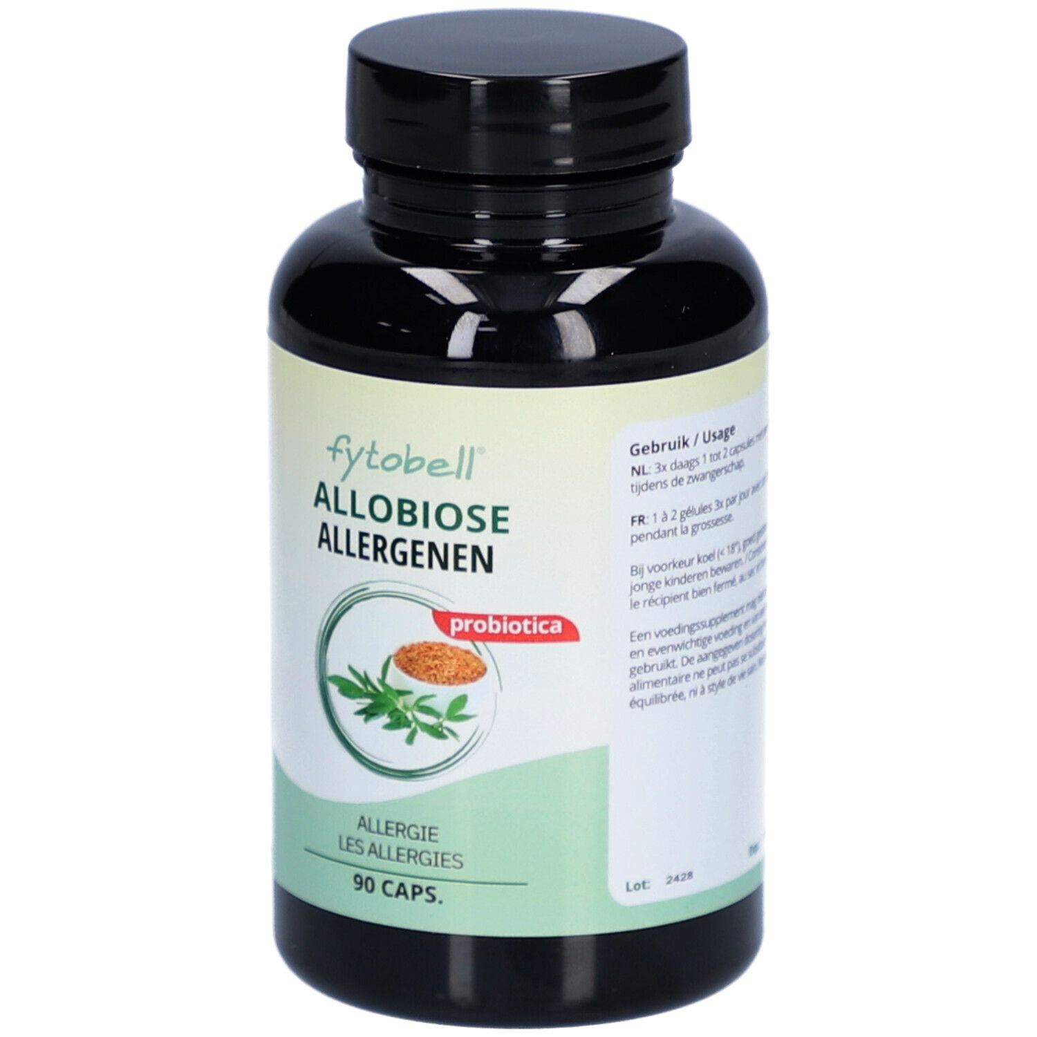 Zwarte fles met 'fytobell allobiose allergenen'. Bevat 90 capsules. Logo en tekst in het Nederlands.