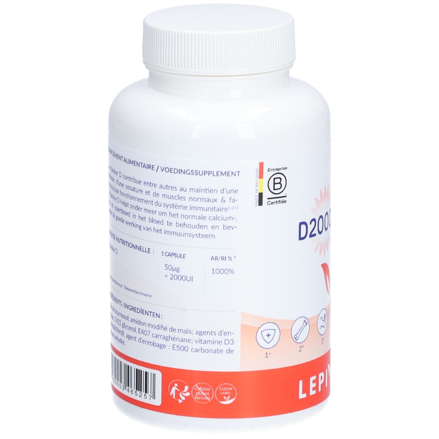 Dos du flacon blanc. Texte: informations nutritionnelles, ingrédients, LEPIVITS. Avec certifications.