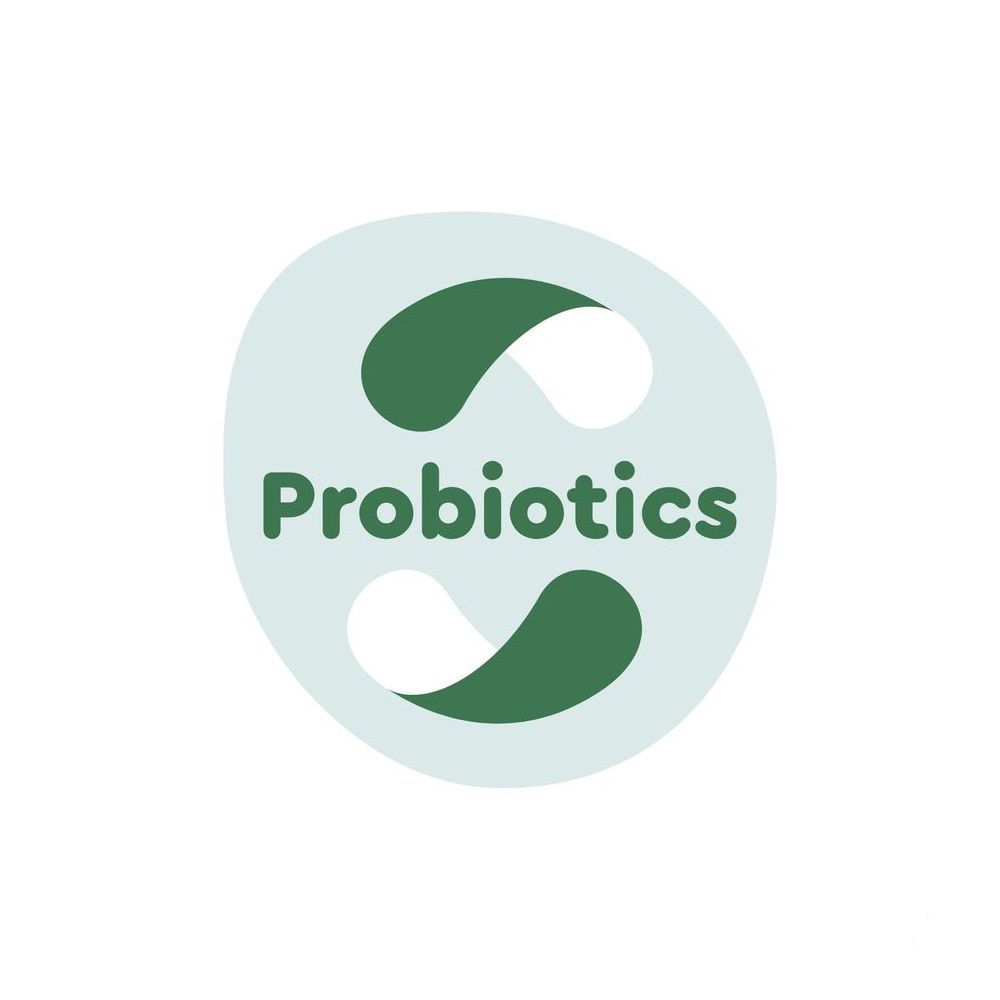 Logo avec feuilles vertes et inscription Probiotiques sur fond bleu clair.