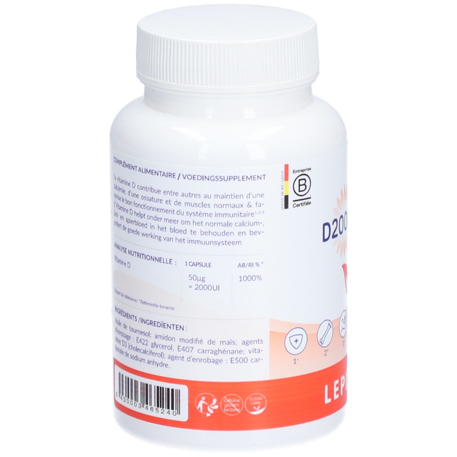 Dos du flacon blanc. Texte: informations nutritionnelles, ingrédients. Logo: Certifié.