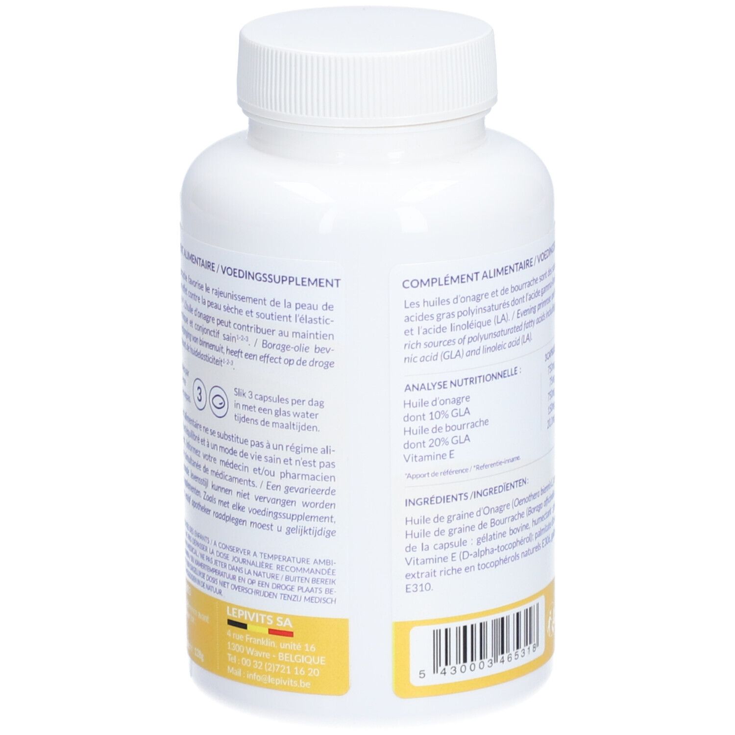 Achterkant van de fles. Tekst: Voedingssupplement. Ingrediënten en voedingswaarde. Lepivits logo. Geproduceerd in België.