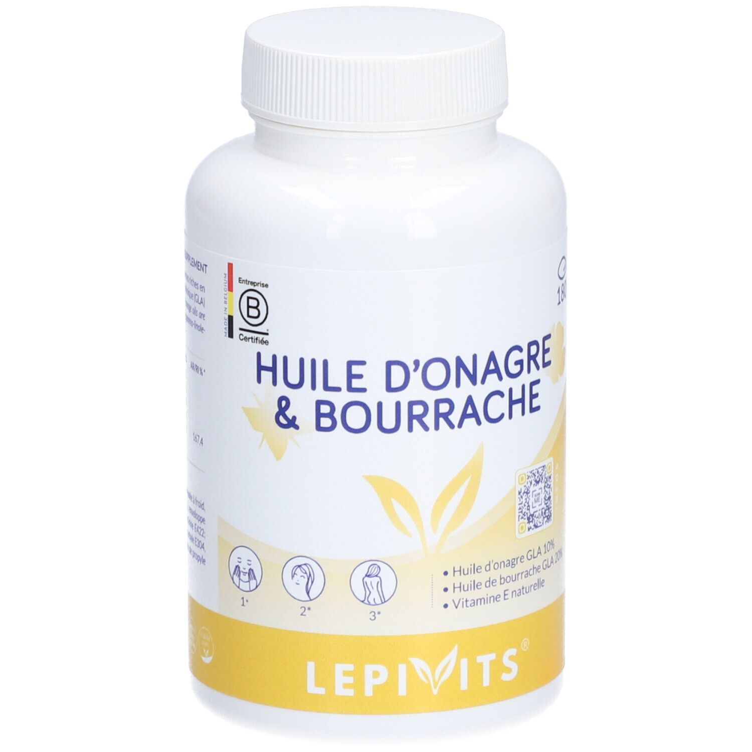 Witte fles met capsules. Opschrift: Huile d'Onagre & Bourrache. B-Corp logo. Gele strook met Lepivits. 180 capsules.