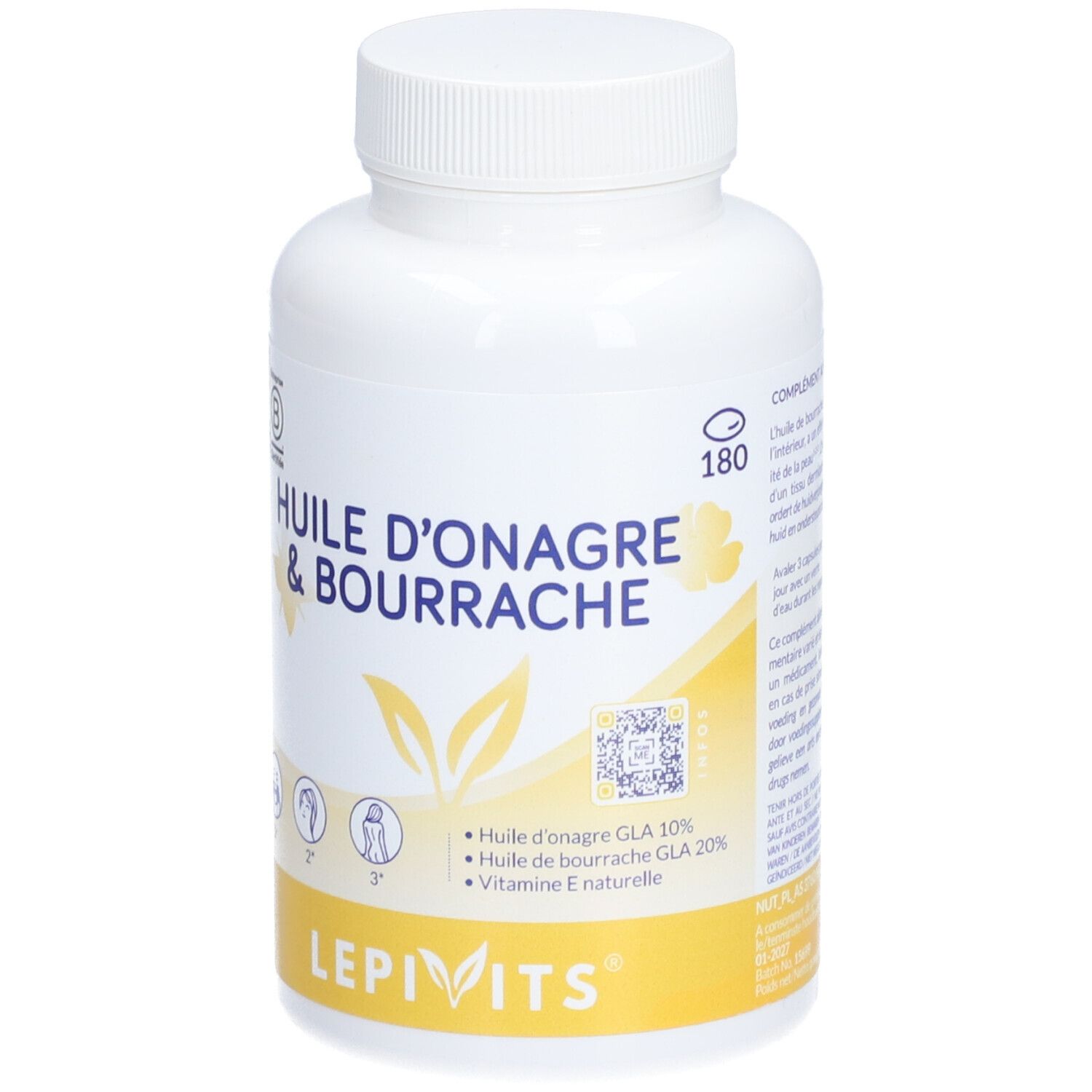 Witte fles met capsules. Opschrift: Huile d'Onagre & Bourrache. Gele strook met Lepivits. 180 capsules.