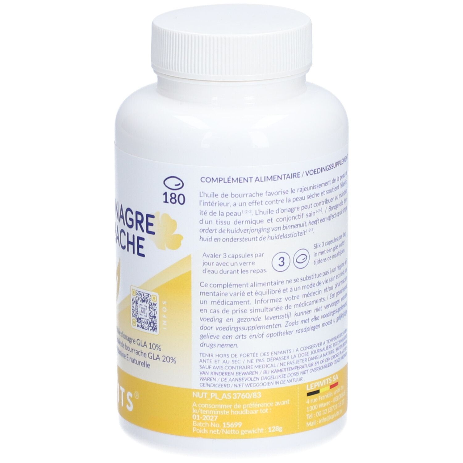 Achterkant van de fles. Tekst: Voedingssupplement. Ingrediënten en voedingswaarde. 180 capsules. Lepivits.