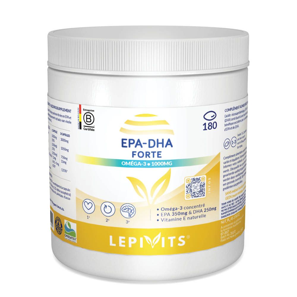 Boîte blanche à bouchon vissé. Inscription EPA-DHA Forte, Oméga-3 1000mg. Marque Lepivits.