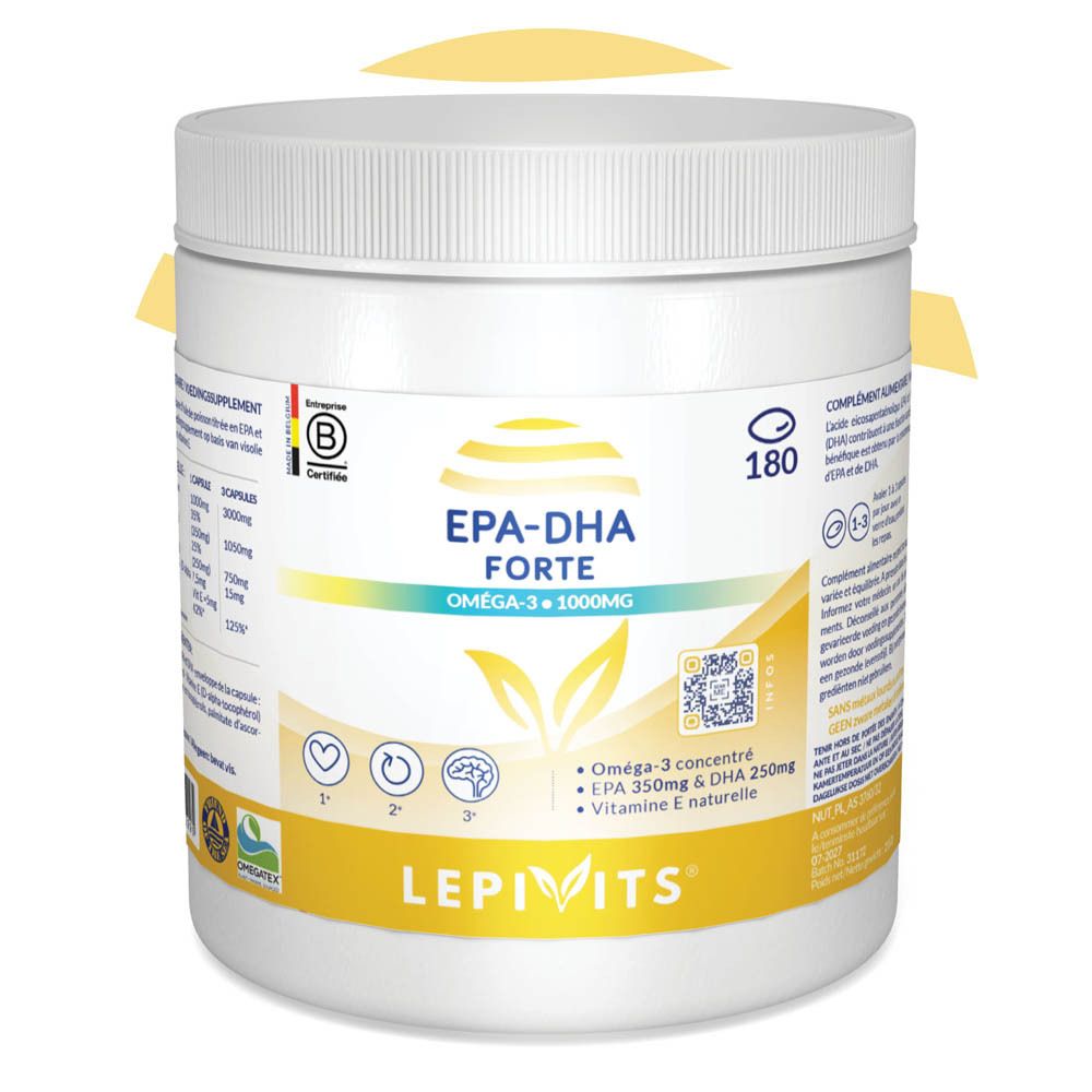 Boîte blanche à bouchon vissé. Inscription EPA-DHA Forte, Oméga-3 1000mg. Marque Lepivits.