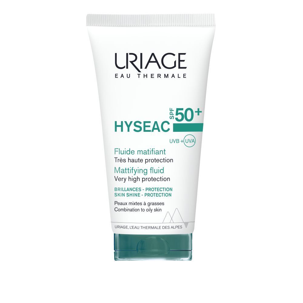 Tube blanc, bouchon vert. Uriage Hyséac Fluide Matifiant SPF50+. Textes en français et anglais.