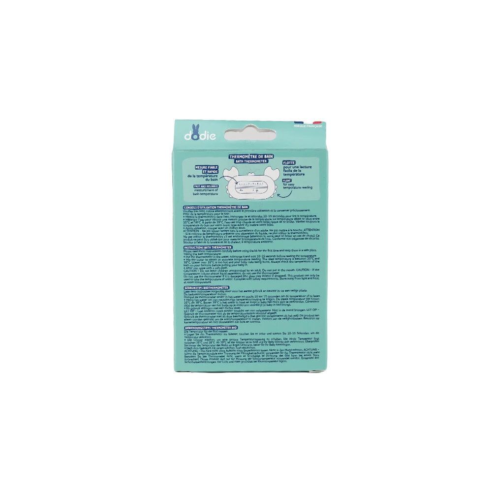 Dos de l'emballage du thermomètre de bain Dodie Krabbe. Texte et illustrations. Turquoise.