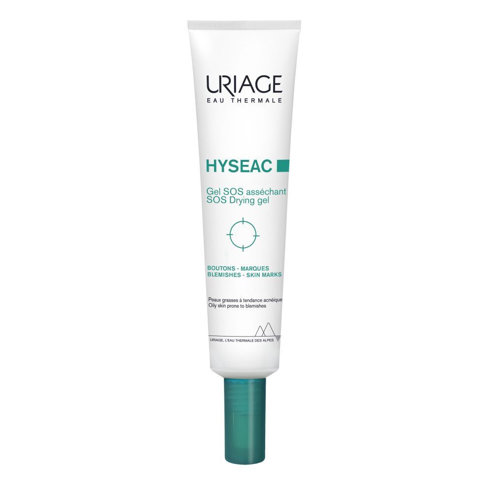Uriage Hyseac Gel SOS: Weiße Tube mit grünem Schraubverschluss. Zeigt Hautpflege-Symbol.