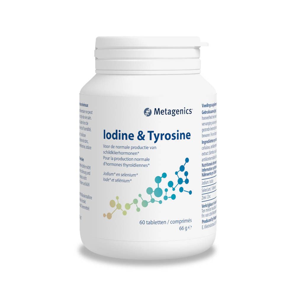 Flacon blanc "Iodine & Tyrosine". 60 comprimés. Marque Metagenics. Graphique bleu et vert.
