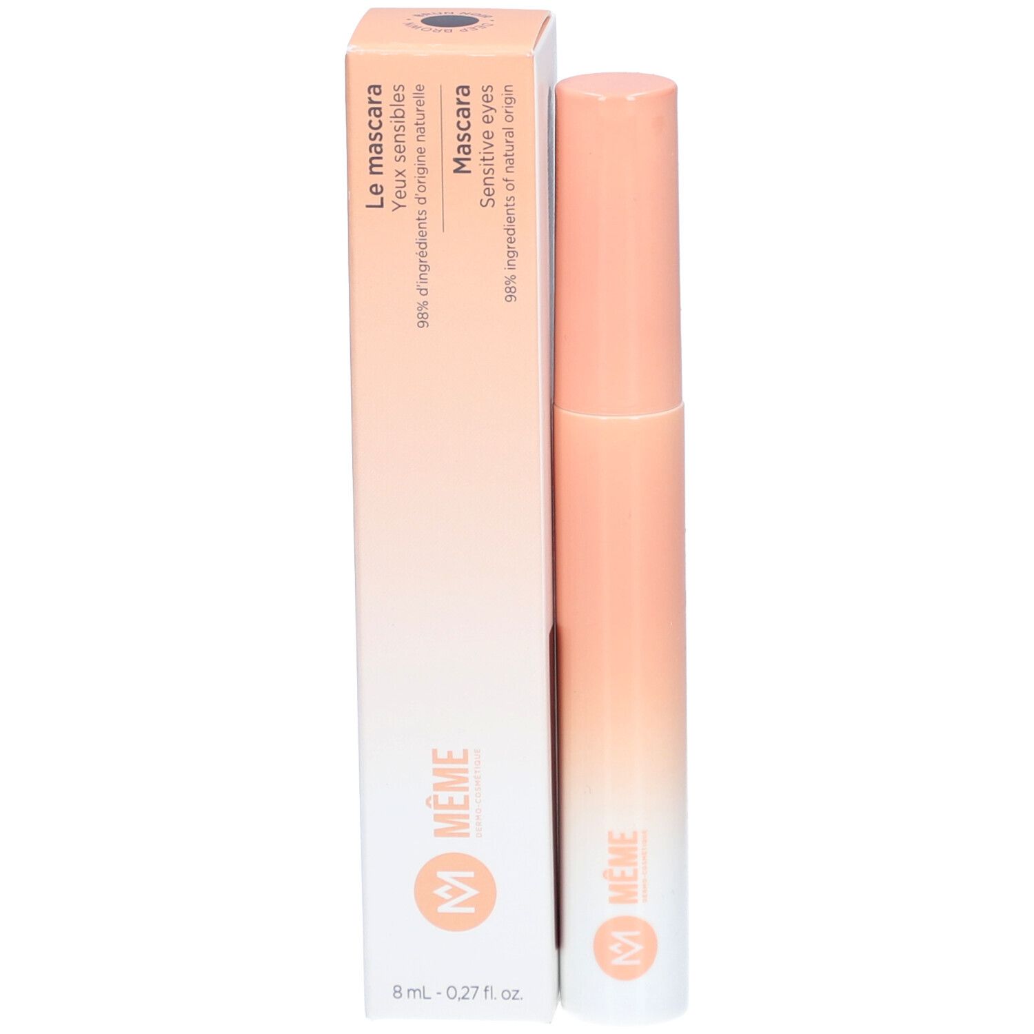 Tube et emballage de mascara. Dégradé pêche et blanc. Marque : MÊME.