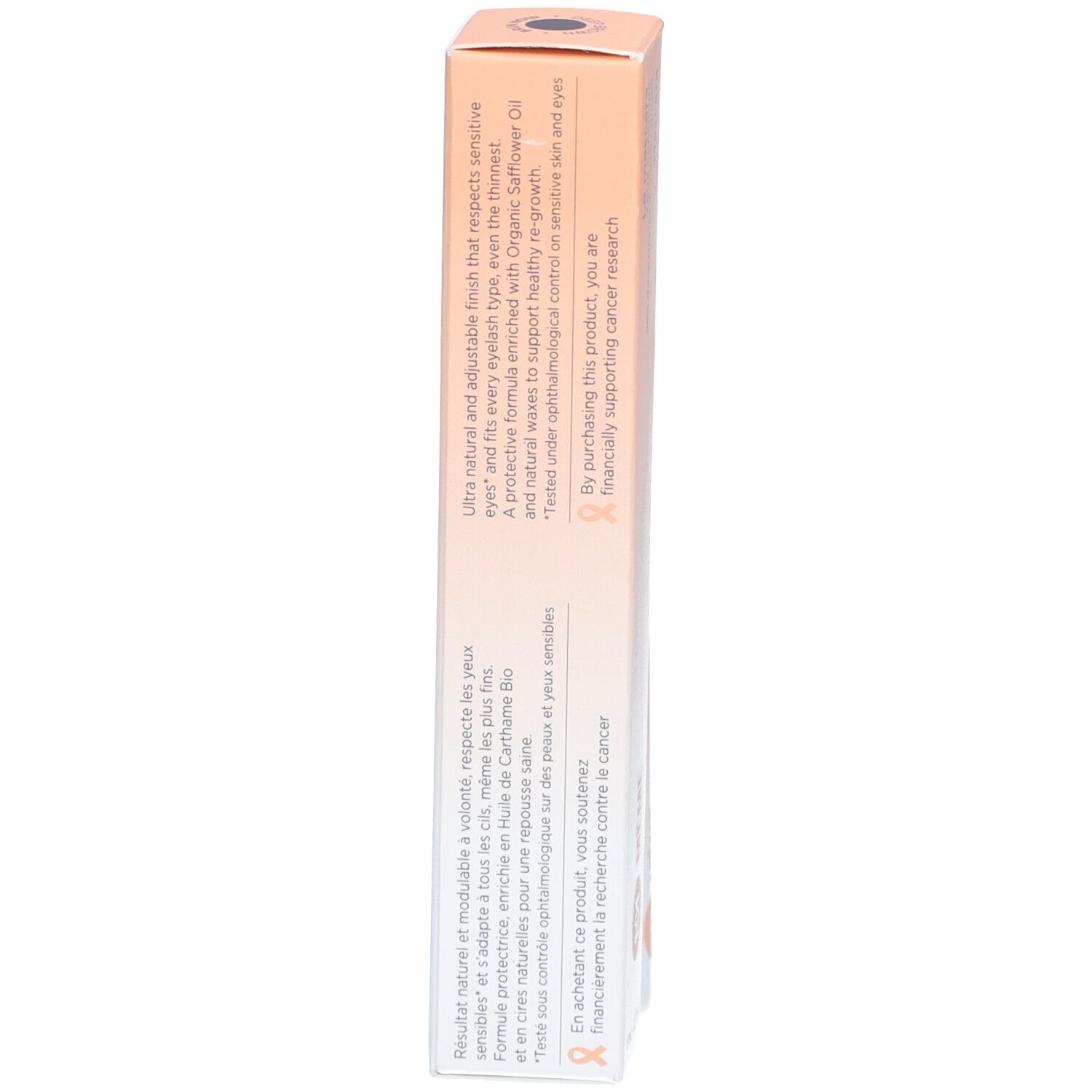Emballage de mascara. Texte en français et anglais. Marque : MÊME. Ruban rose.