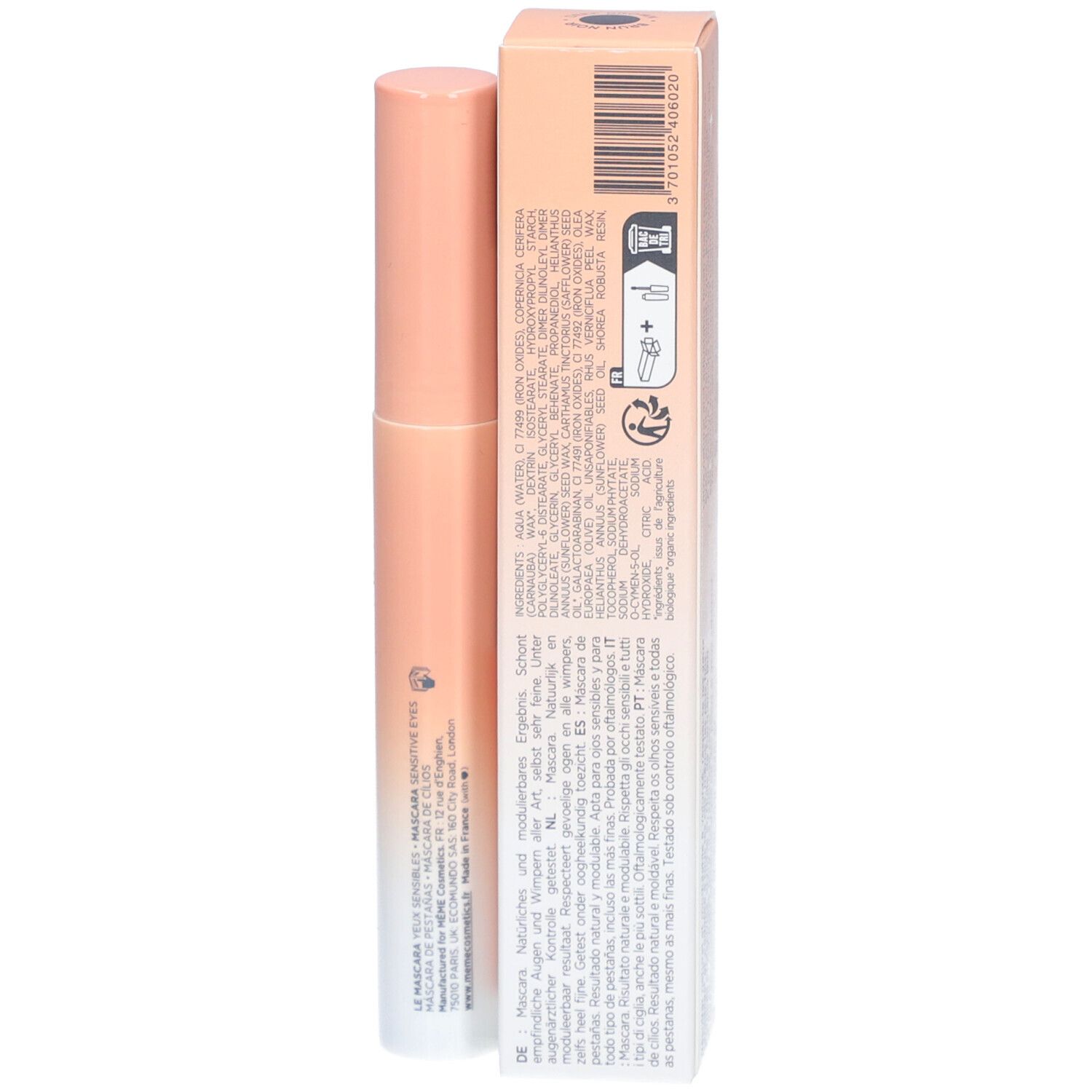 Dos de l'emballage du mascara. Ingrédients et texte multilingue. Marque : MÊME.