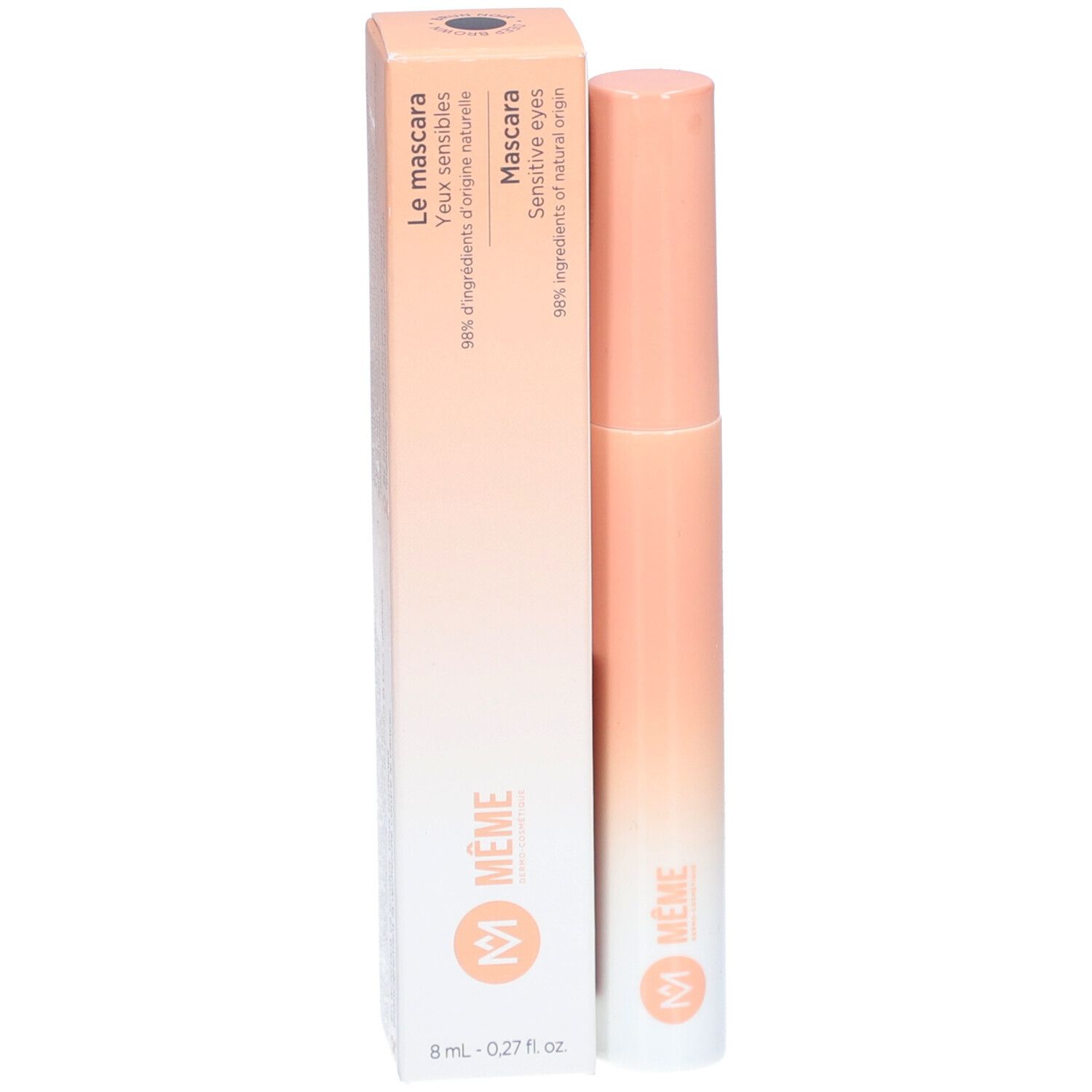 Tube et emballage de mascara. Dégradé pêche et blanc. Marque : MÊME.