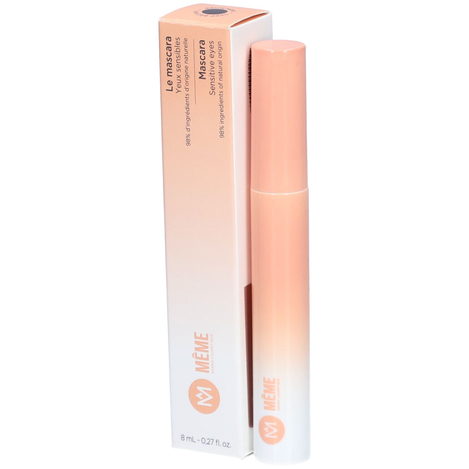 Tube et emballage de mascara. Dégradé pêche et blanc. Marque : MÊME.