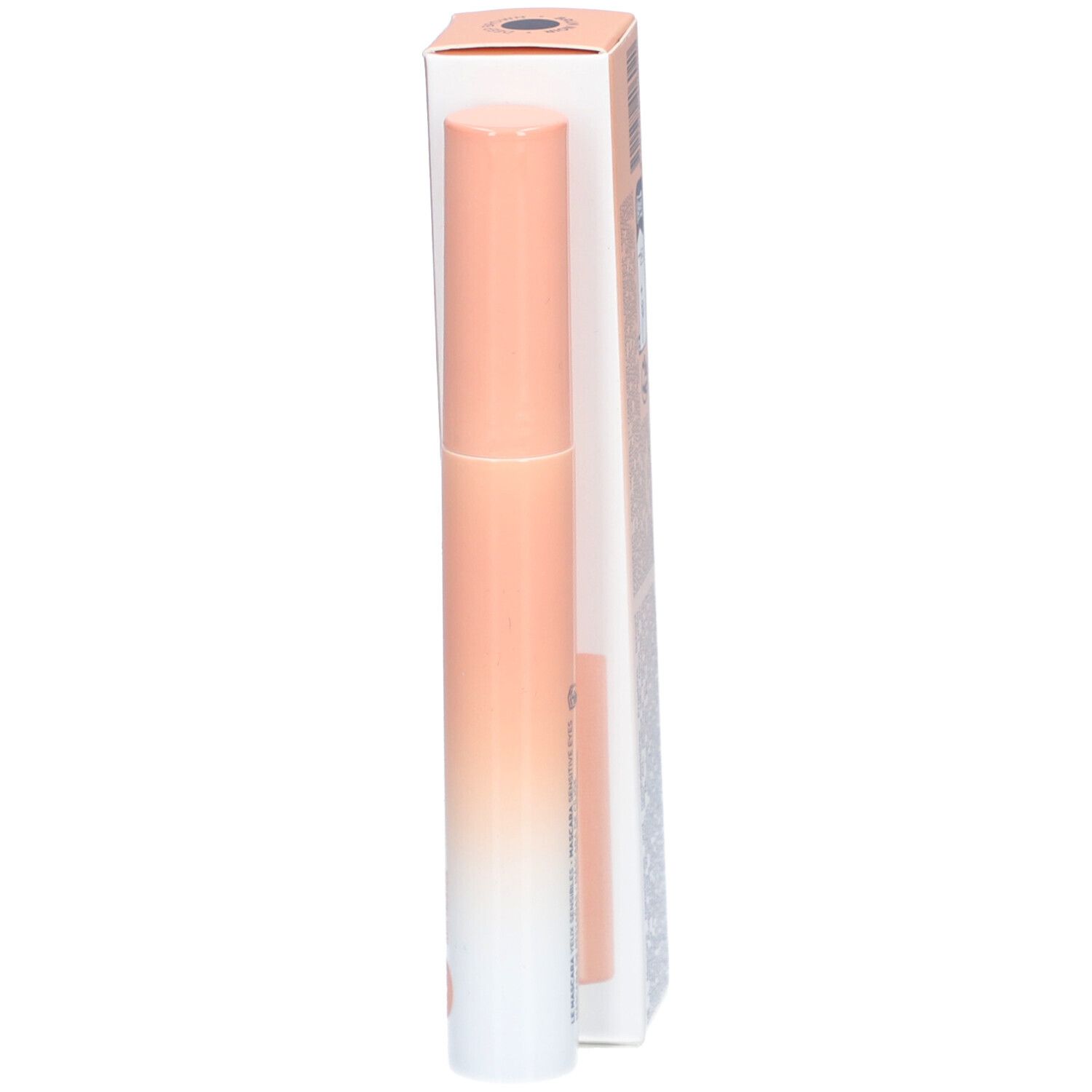 Tube et emballage de mascara. Dégradé pêche et blanc. Marque : MÊME.