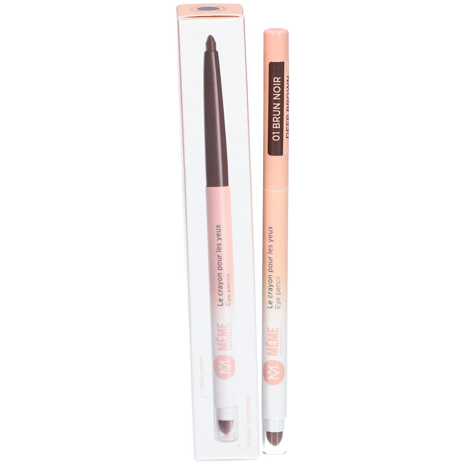 Crayon yeux brun et emballage. Marque Même. Crayon pêche et blanc.