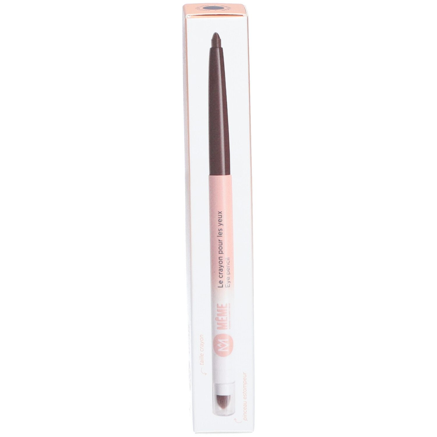 Crayon yeux brun et emballage. Marque Même. Crayon pêche et blanc.