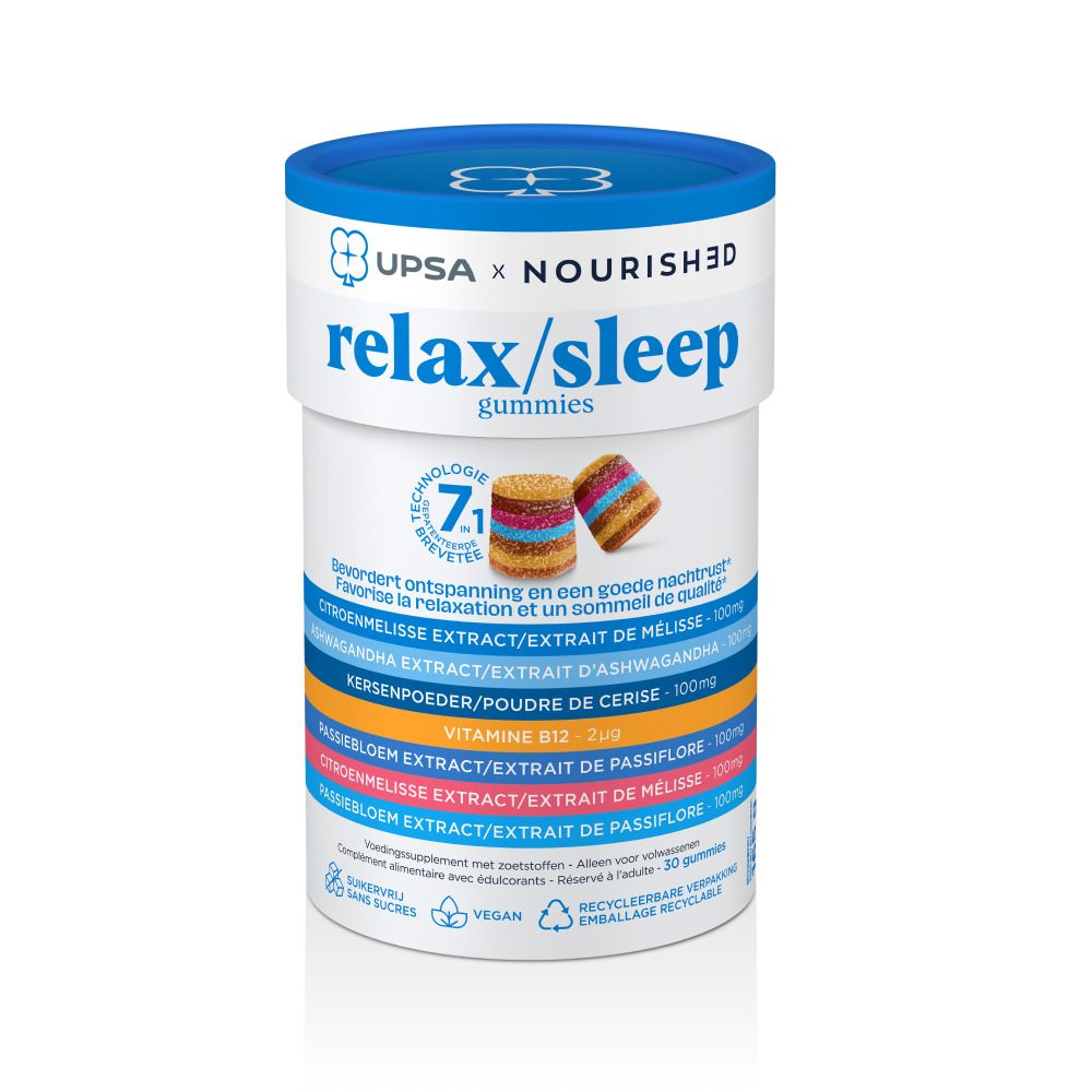 Cilindervormige doos 'relax/sleep gummies'. Blauw deksel, witte houder. Productillustratie en ingrediënten.