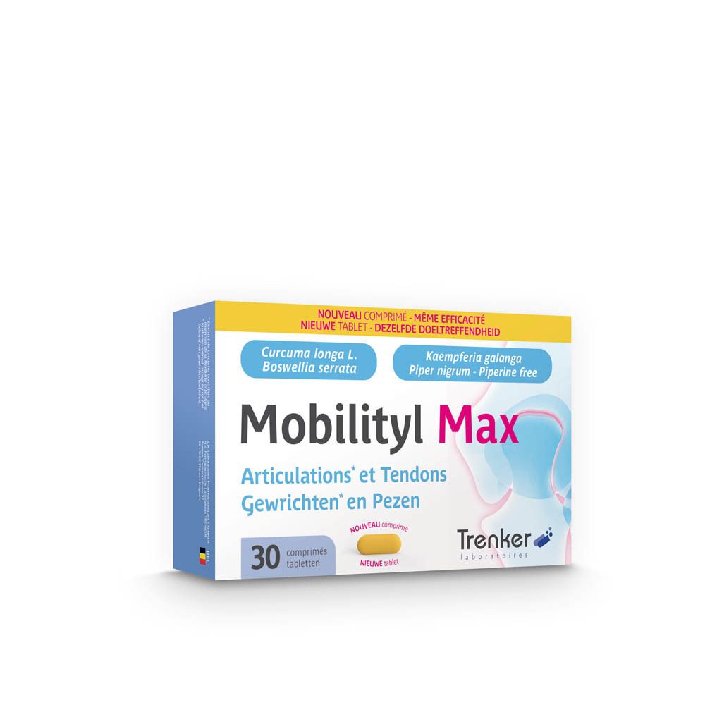 Boîte de Mobilityl Max. Contient 30 comprimés. Contient Curcuma longa L., Boswellia serrata, Kaempferia galanga, Piper nigrum.