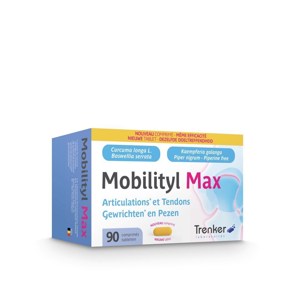 Boîte de Mobilityl Max. Contient 90 comprimés. Inscription: Articulations et Tendons, Gewrichten en Pezen.
