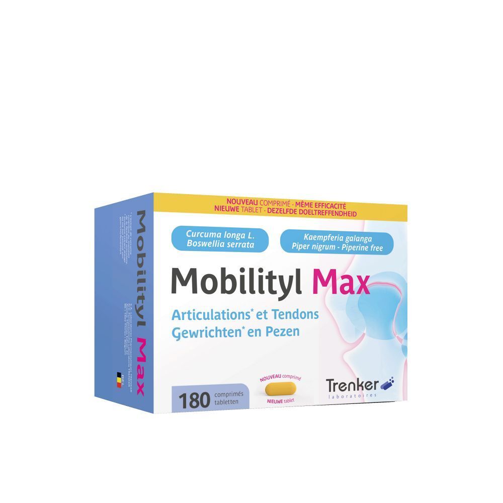 Doos Mobilityl Max, 180 tabletten. Bevat Curcuma longa, Boswellia serrata, Kaempferia galanga, Piper nigrum. Merk Trenker.