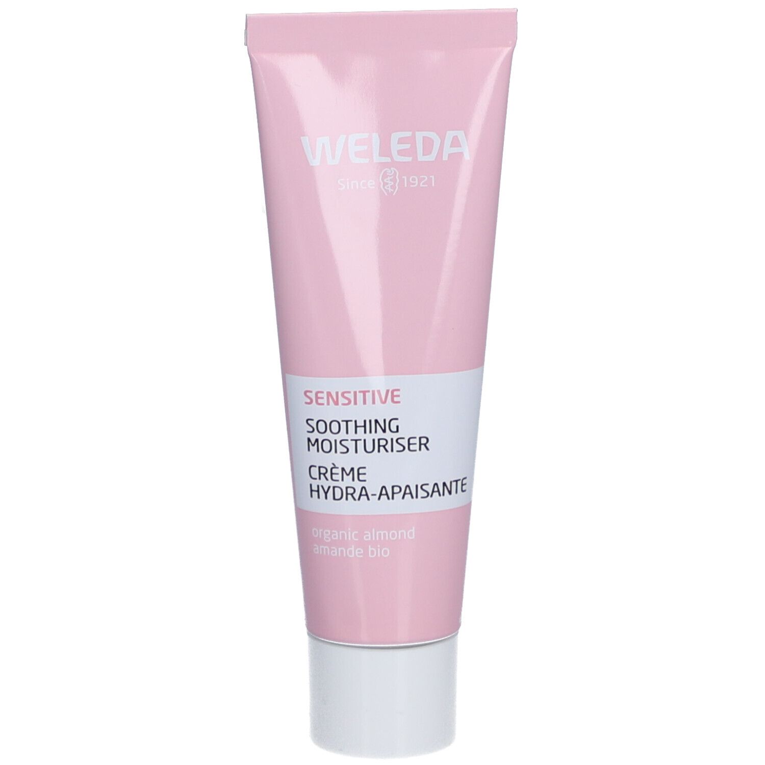 Rosa Tube mit weißem Deckel. Aufschrift: WELEDA, SENSITIVE, SOOTHING MOISTURISER, CRÈME HYDRA-APAISANTE.
