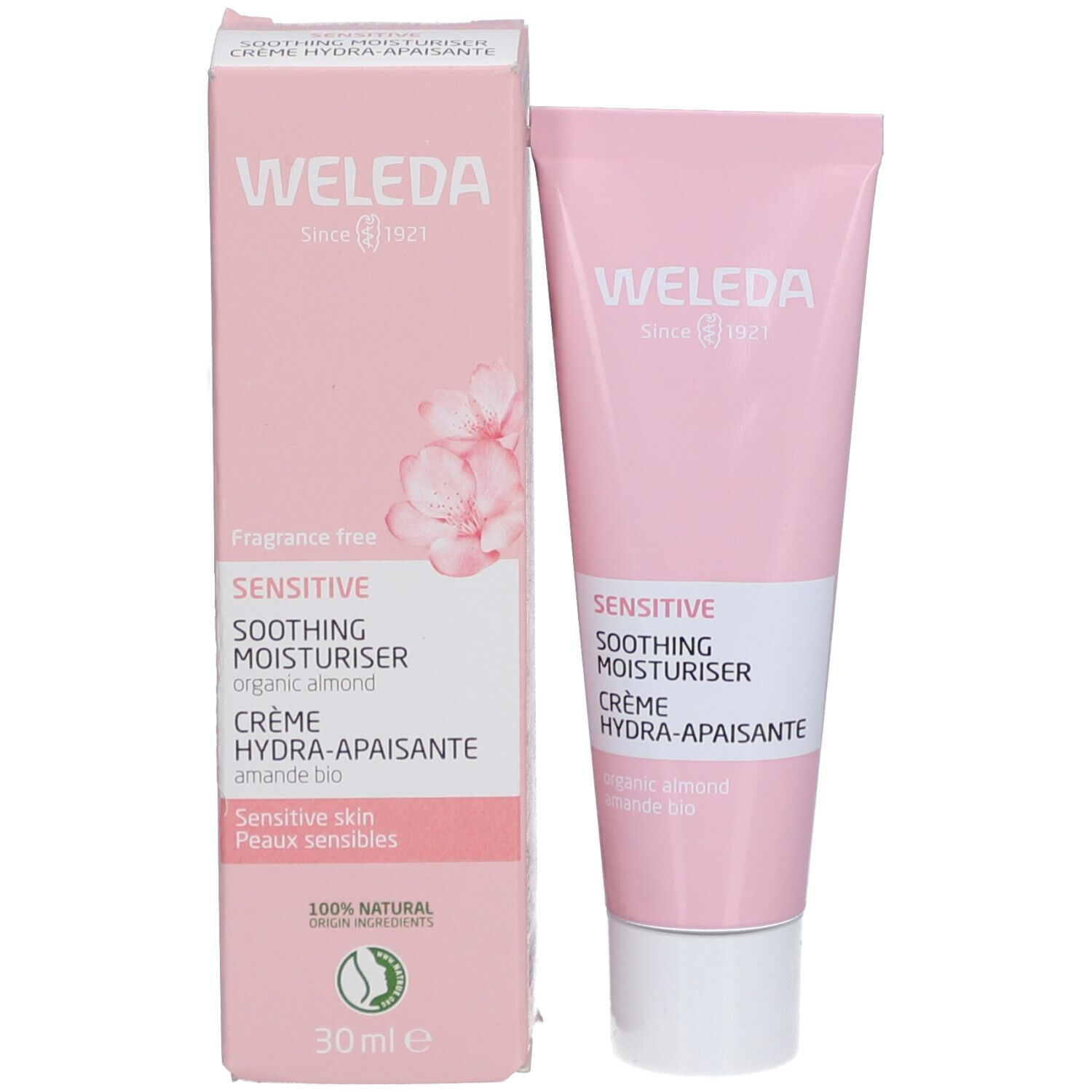 Rosa Schachtel und Tube. Aufschrift: WELEDA, SENSITIVE, SOOTHING MOISTURISER, CRÈME HYDRA-APAISANTE. 30ml.