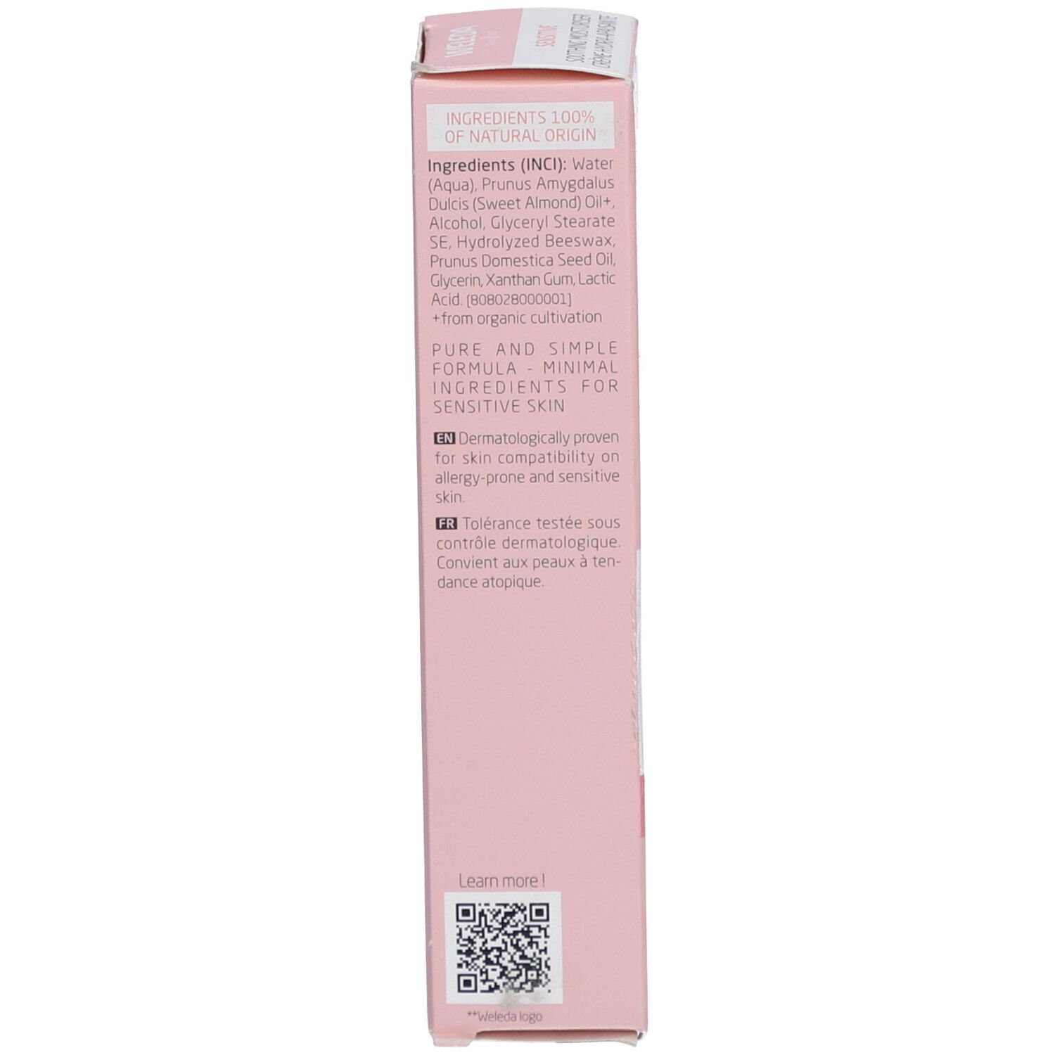 Rückseite der Schachtel. Text: Inhaltsstoffe, dermatologisch getestet, reine Formel, für empfindliche Haut.