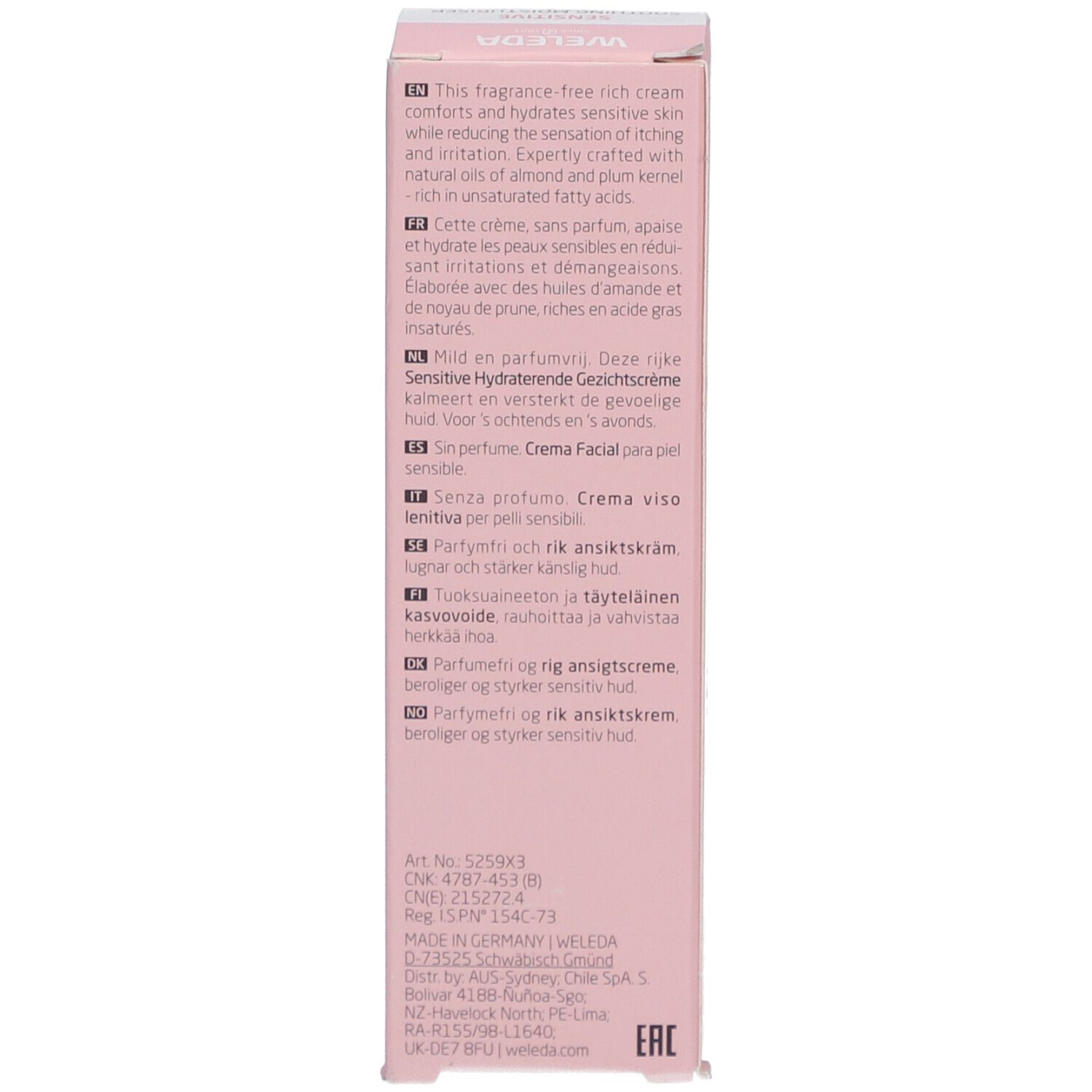 Seite der Schachtel. Text: Beschreibung, ohne Parfüm, für empfindliche Haut, Inhaltsstoffe, Herstellerinformationen.
