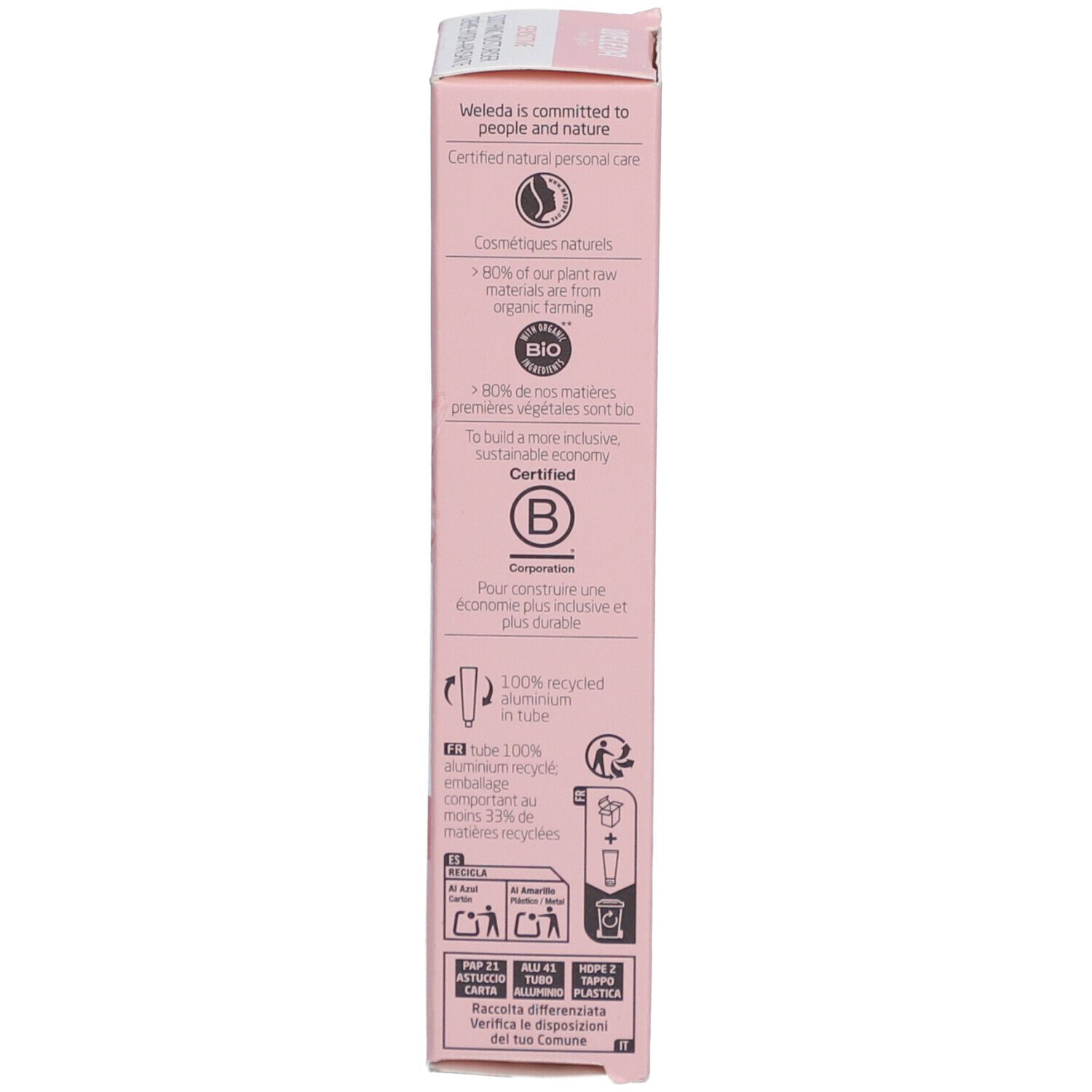 Seite der Schachtel. Text: Zertifizierungen, Recycling-Informationen, Herstellerinformationen.