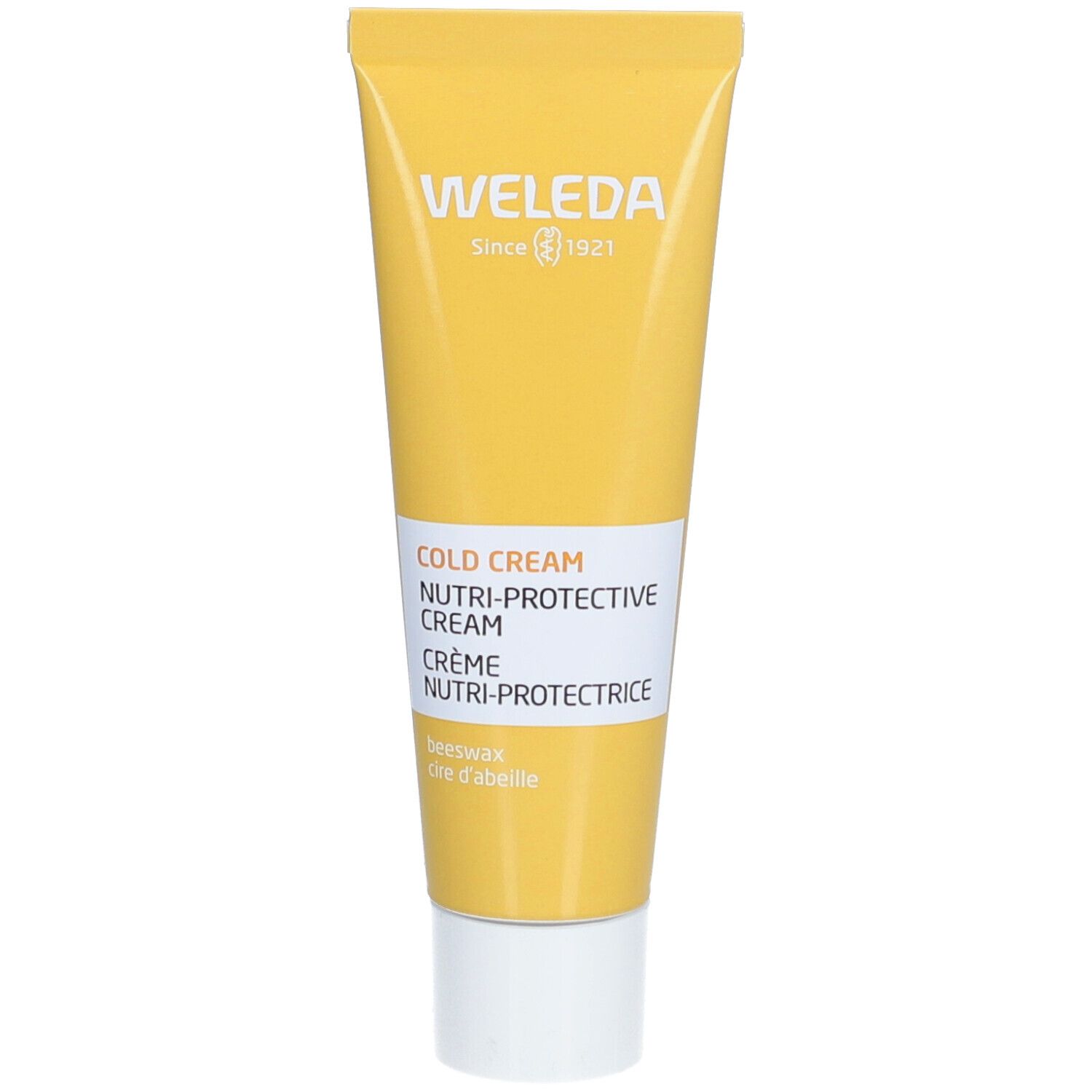 Gelbe Tube mit weißem Verschluss. Aufschrift: WELEDA, Cold Cream, Nutri-Protective Cream, Crème Nutri-Protectrice. Enthält Bienenwachs.
