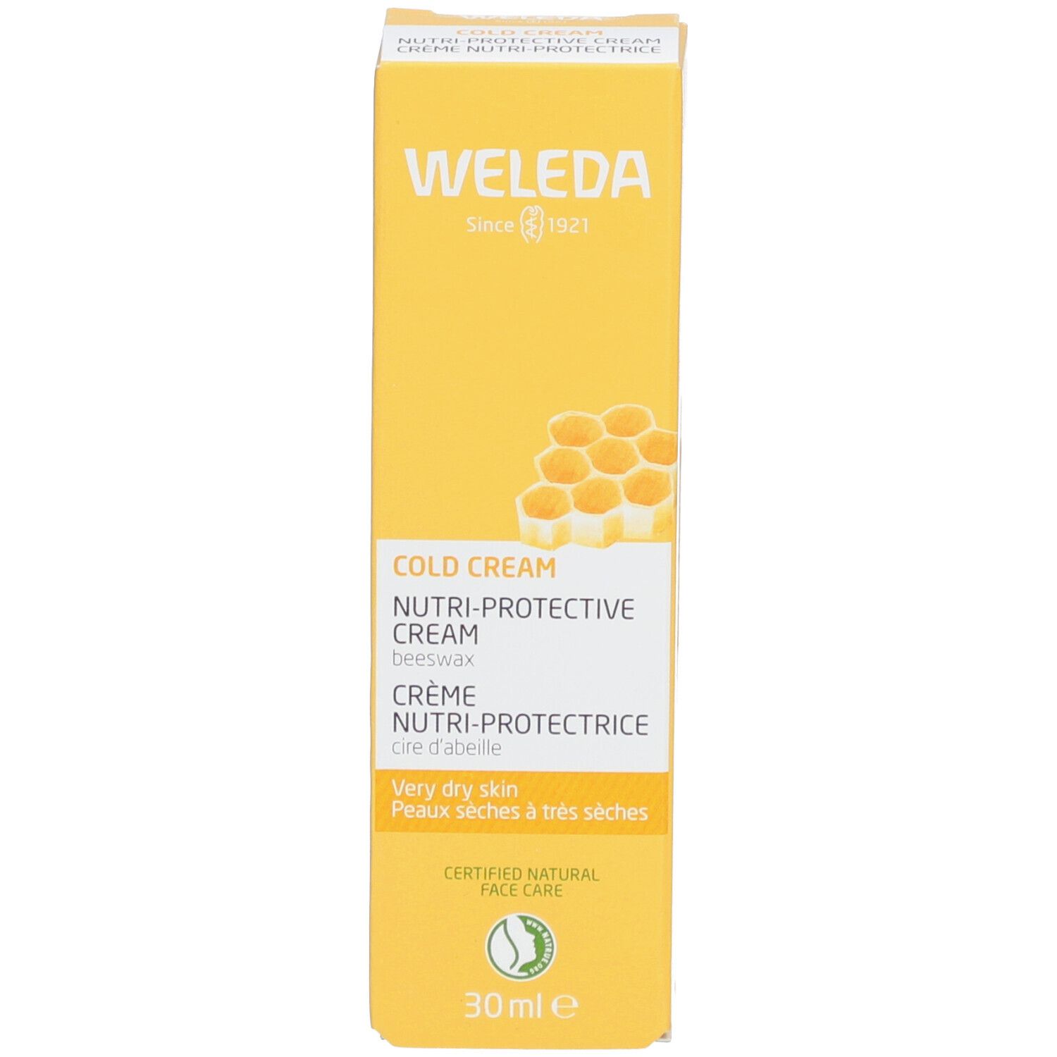 Gelbe Schachtel. Aufschrift: WELEDA, Cold Cream, Nutri-Protective Cream, Crème Nutri-Protectrice. Mit Bienenwaben-Symbol und 30ml.