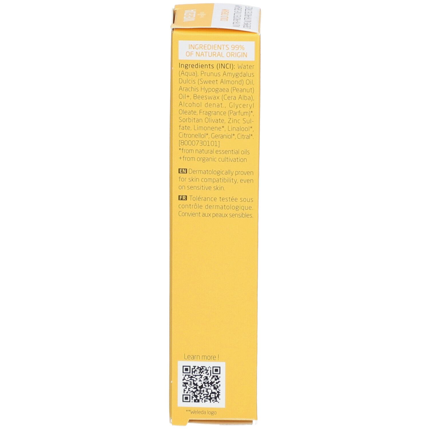 Rückseite der gelben Schachtel. Auflistung der Inhaltsstoffe, Informationen zur dermatologischen Verträglichkeit und QR-Code.