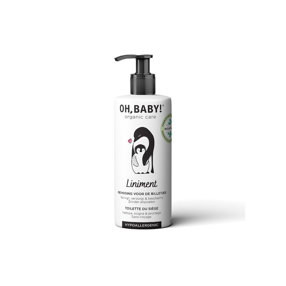 Flacon blanc avec pompe noire. Inscription : OH, BABY! organic care. Illustration : pingouin et bébé. Texte : Liniment.