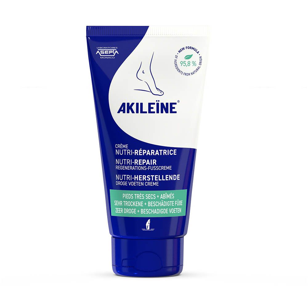 Tube bleu et blanc Akileïne® Crème Nutri-Réparatrice. Textes en français, allemand, néerlandais. Illustration de pied.