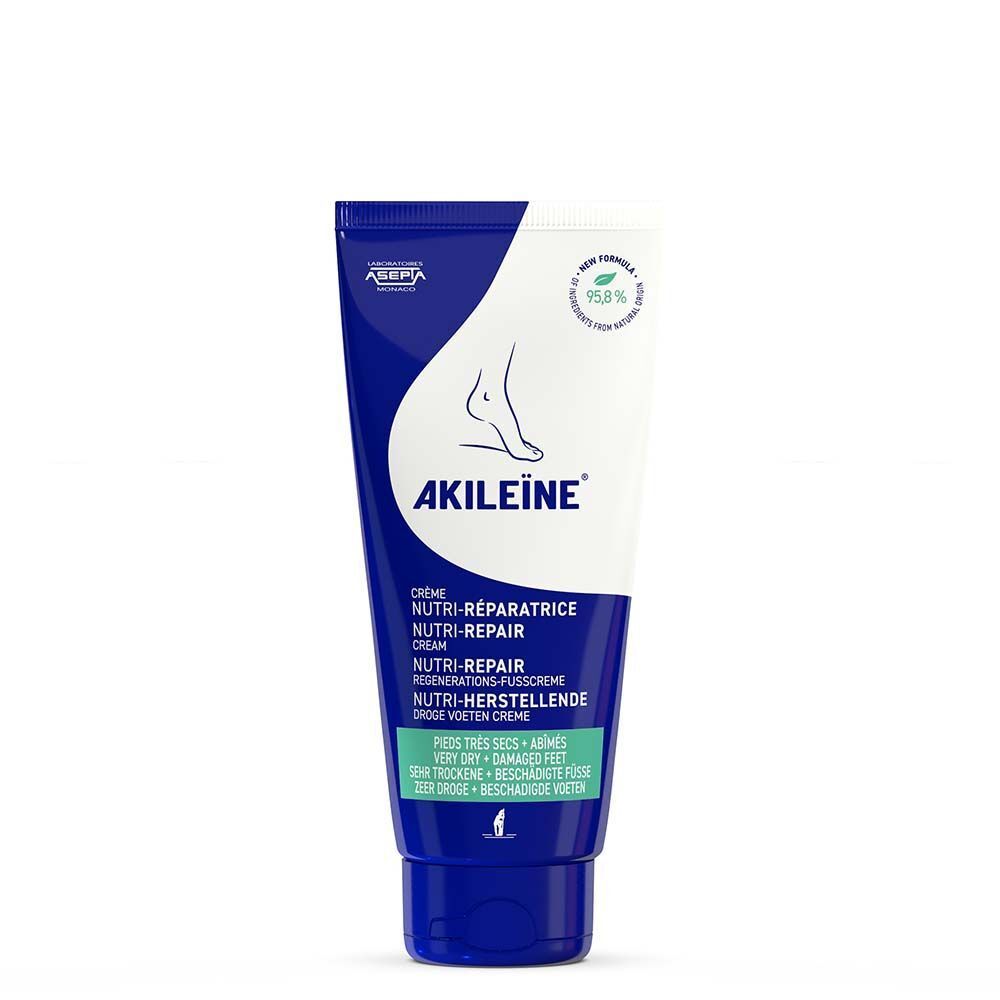 Tube de crème Akileïne Nutri-Réparatrice. Bouchon bleu. Contient 95,8% d'ingrédients d'origine naturelle.