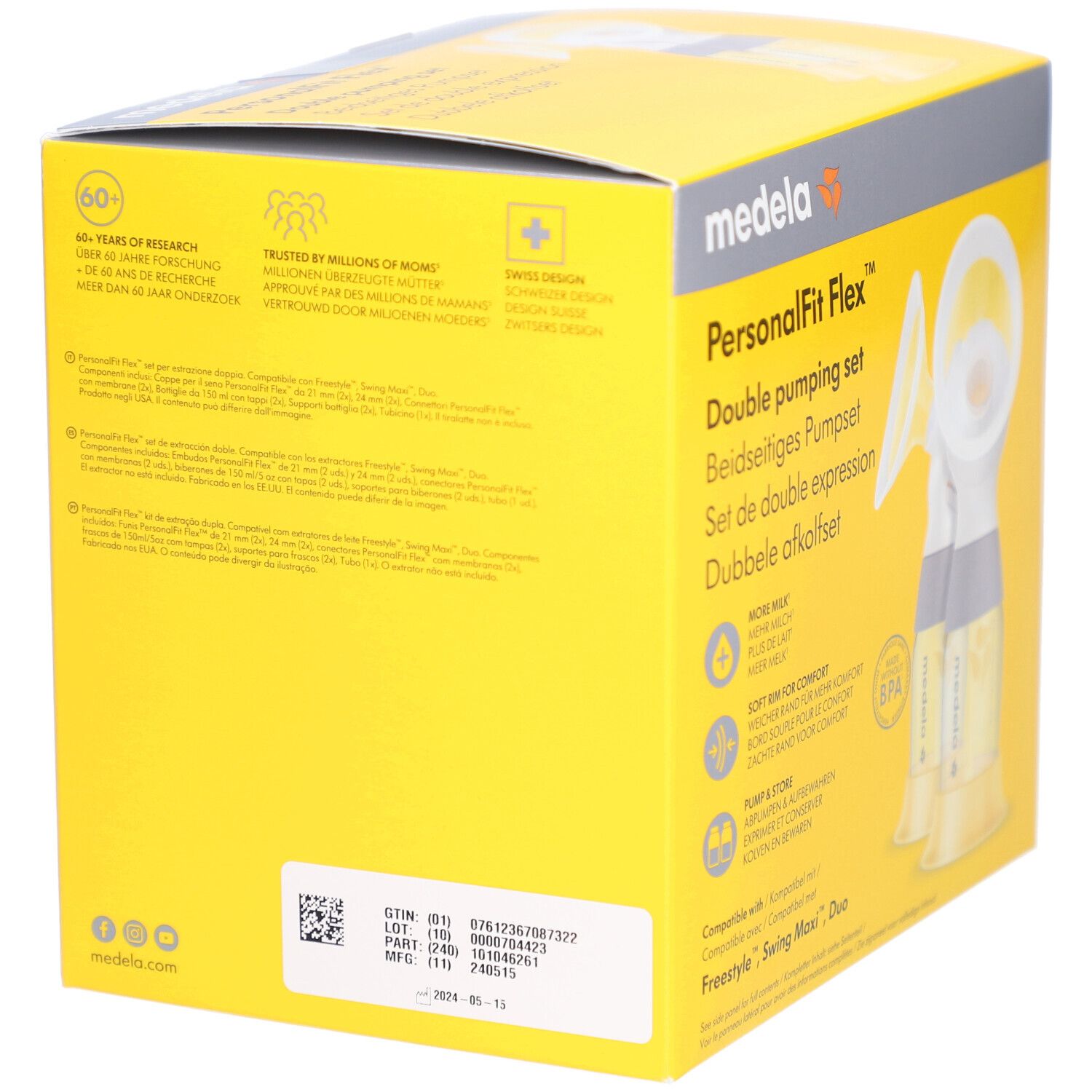 Rückseite der Verpackung des Medela PersonalFit Flex Doppel-Ausdrucksets. Gelb mit Text und QR-Code.