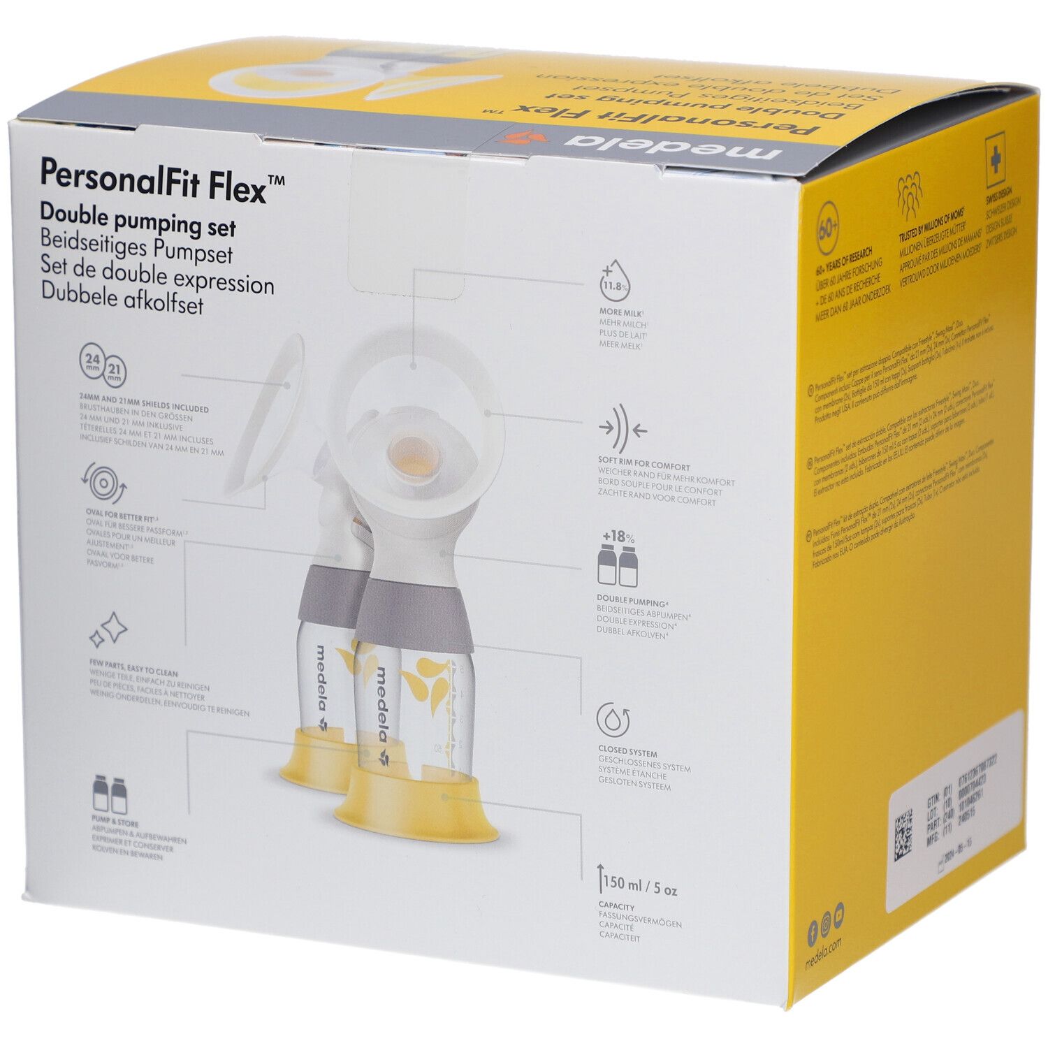 Verpackung des Medela PersonalFit Flex Doppel-Ausdrucksets. Gelb-weiße Box mit Produktabbildung und Diagrammen.