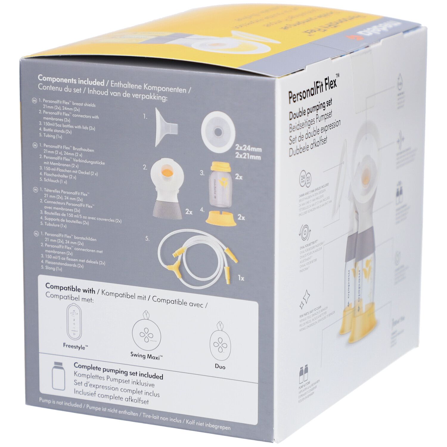 Verpackung des Medela PersonalFit Flex Doppel-Ausdrucksets. Enthält Komponenten-Diagramm und Text.