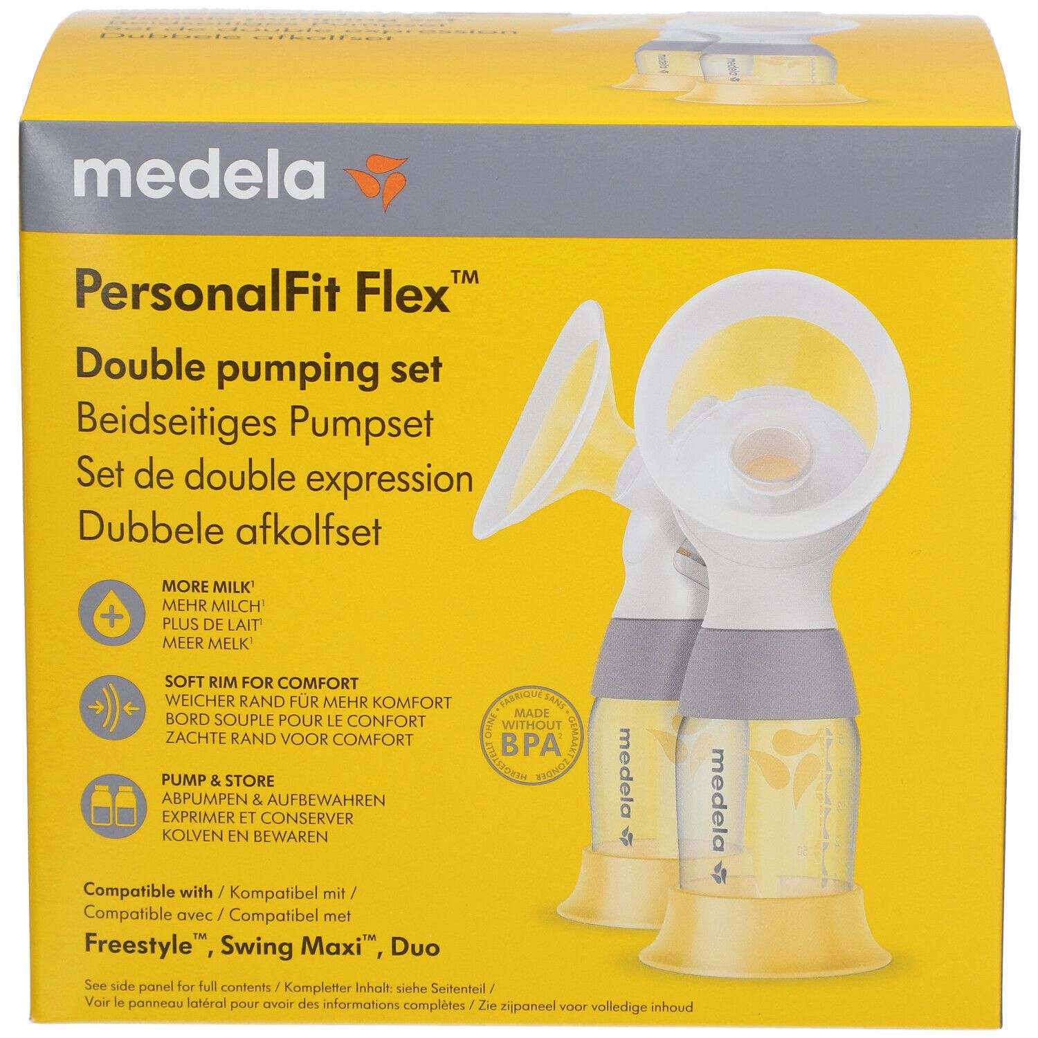 Medela PersonalFit Flex Doppel-Ausdruckset Verpackung. Gelbe Box mit Produktabbildung und Text. BPA-frei.